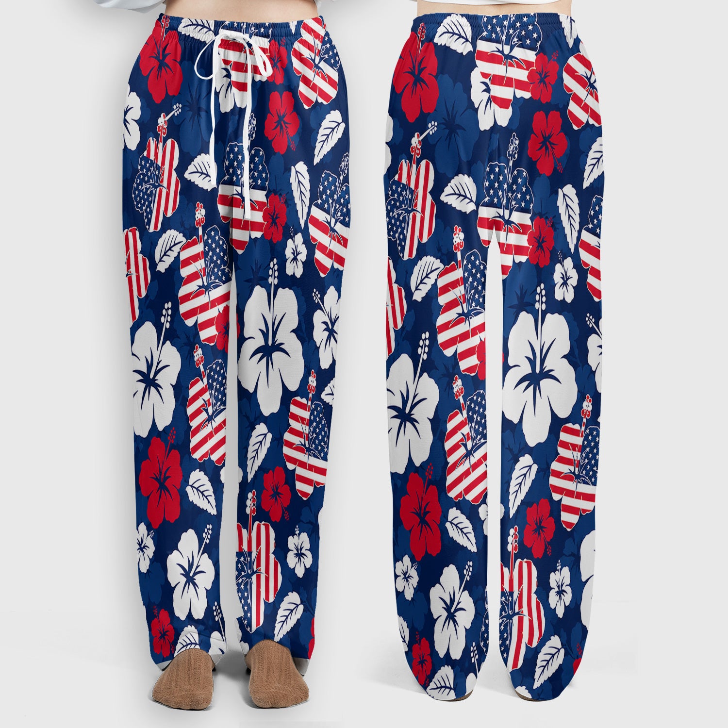 Patriotic Hibiscus Flag Floral Print Scrub Set, Scrub Pants and V Neck Top