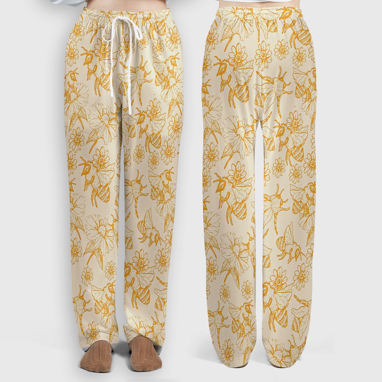 Cute Honey Bee Flower Sketch Pattern Scrub Set, Scrub Pants and V Neck Top