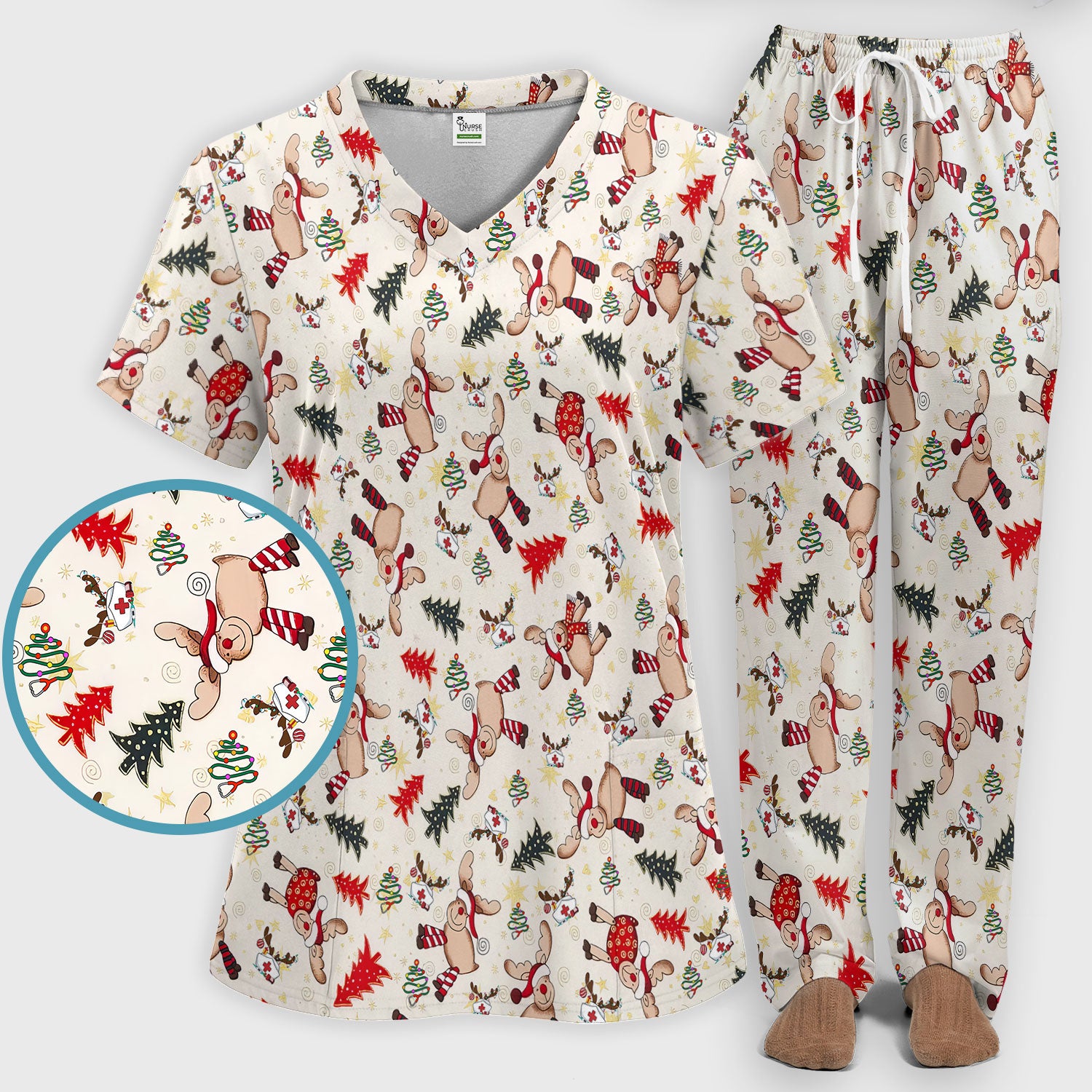Funny Reindeer Christmas Nurse Scrub Set - Festive Holiday Medical Scrub Pants and V Neck Top - Breathable Med Uniform