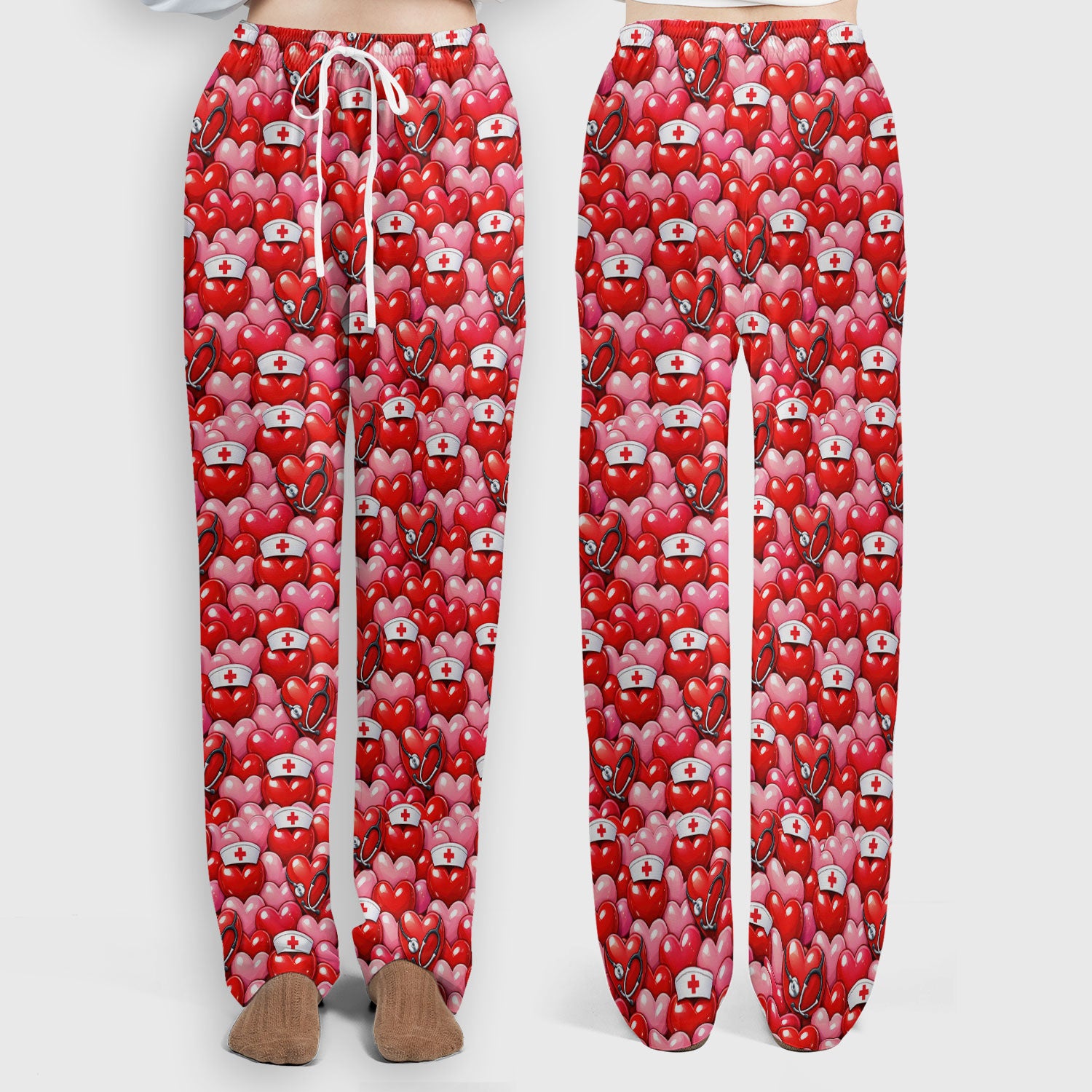 Valentine Pattern Nurse Scrub Set, Heart With Stethoscope Love Medical Shirt For Women, Breathable Fabrics Nursing Uniform