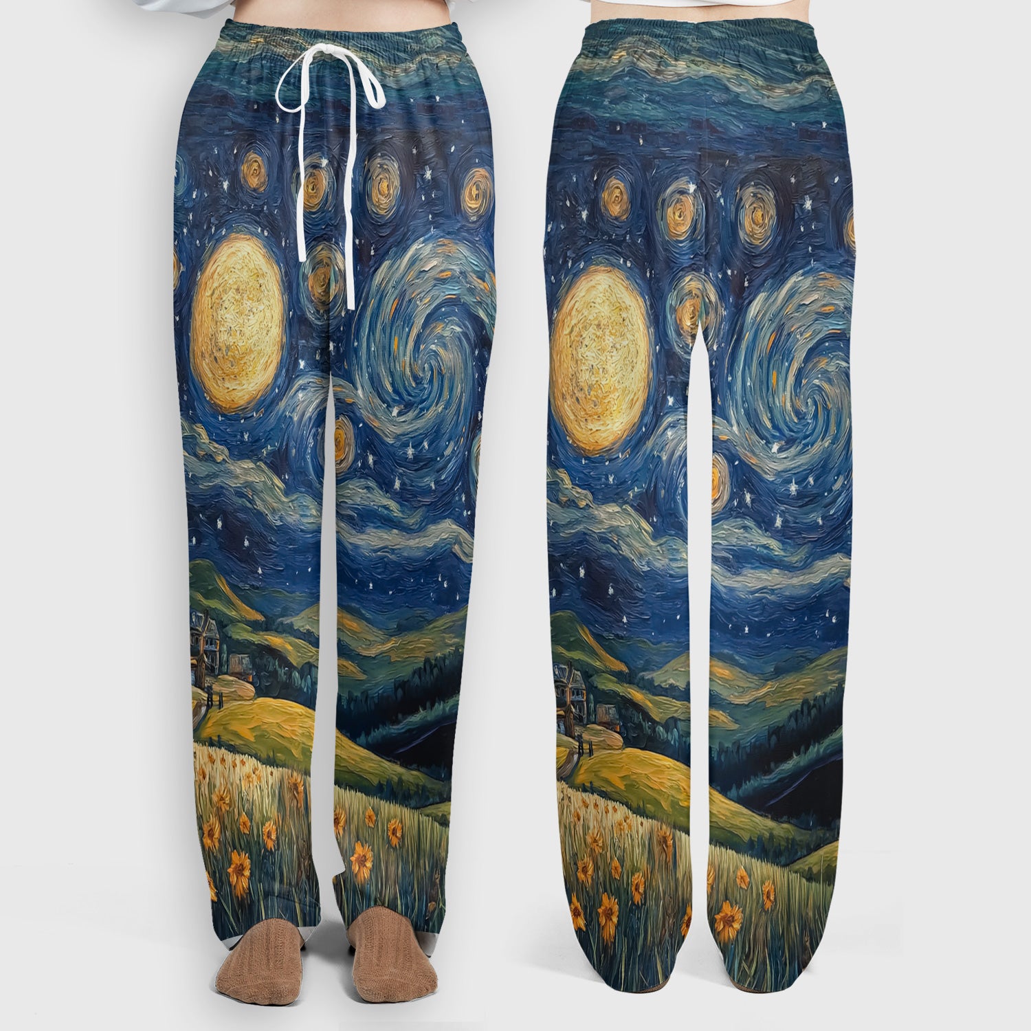 Artistic Highland Cow Starry Night Scene Pattern Scrub Set, Scrub Pants and V Neck Top
