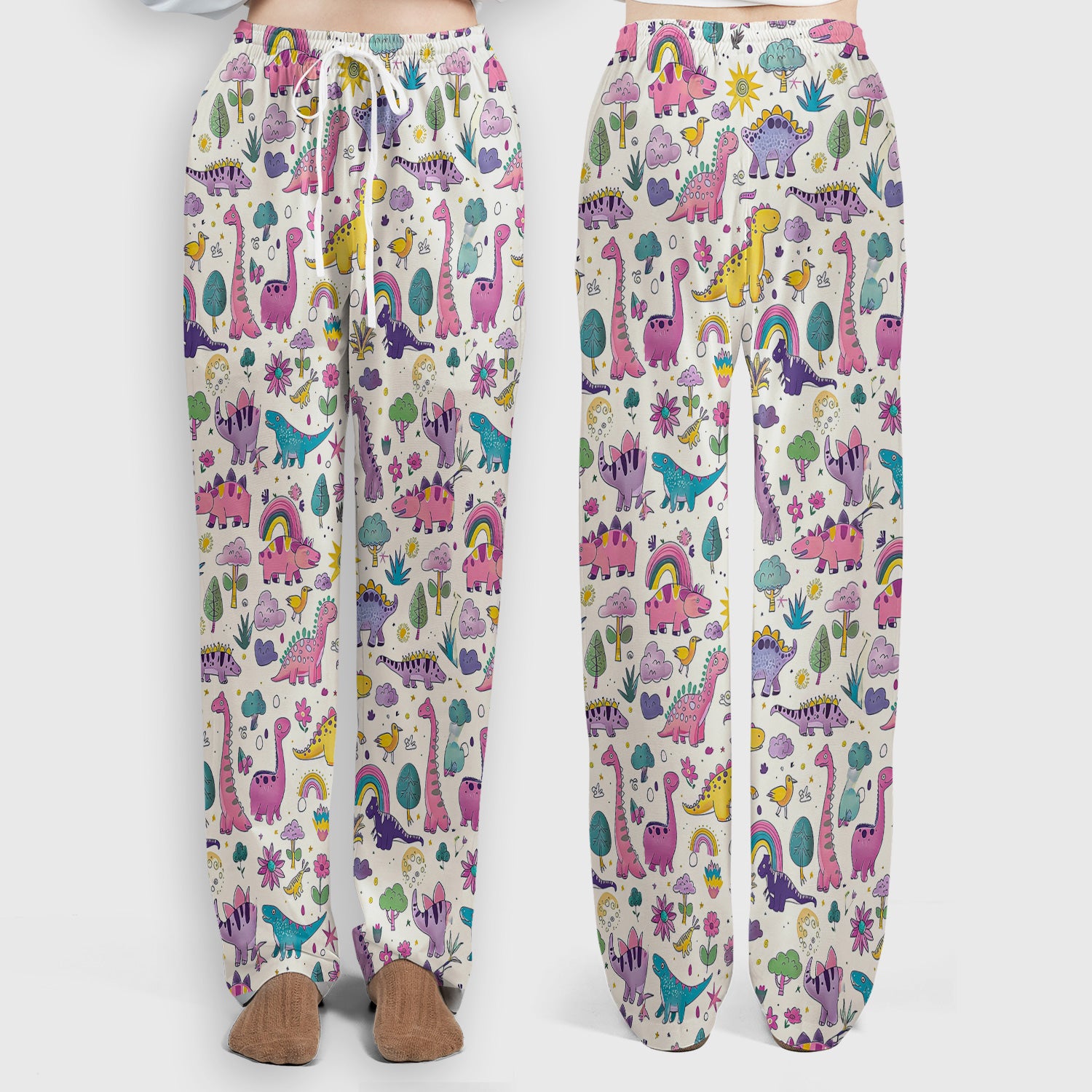 Cute Dinosaur Rainbow Pattern Scrub Set, Scrub Pants and V Neck Top