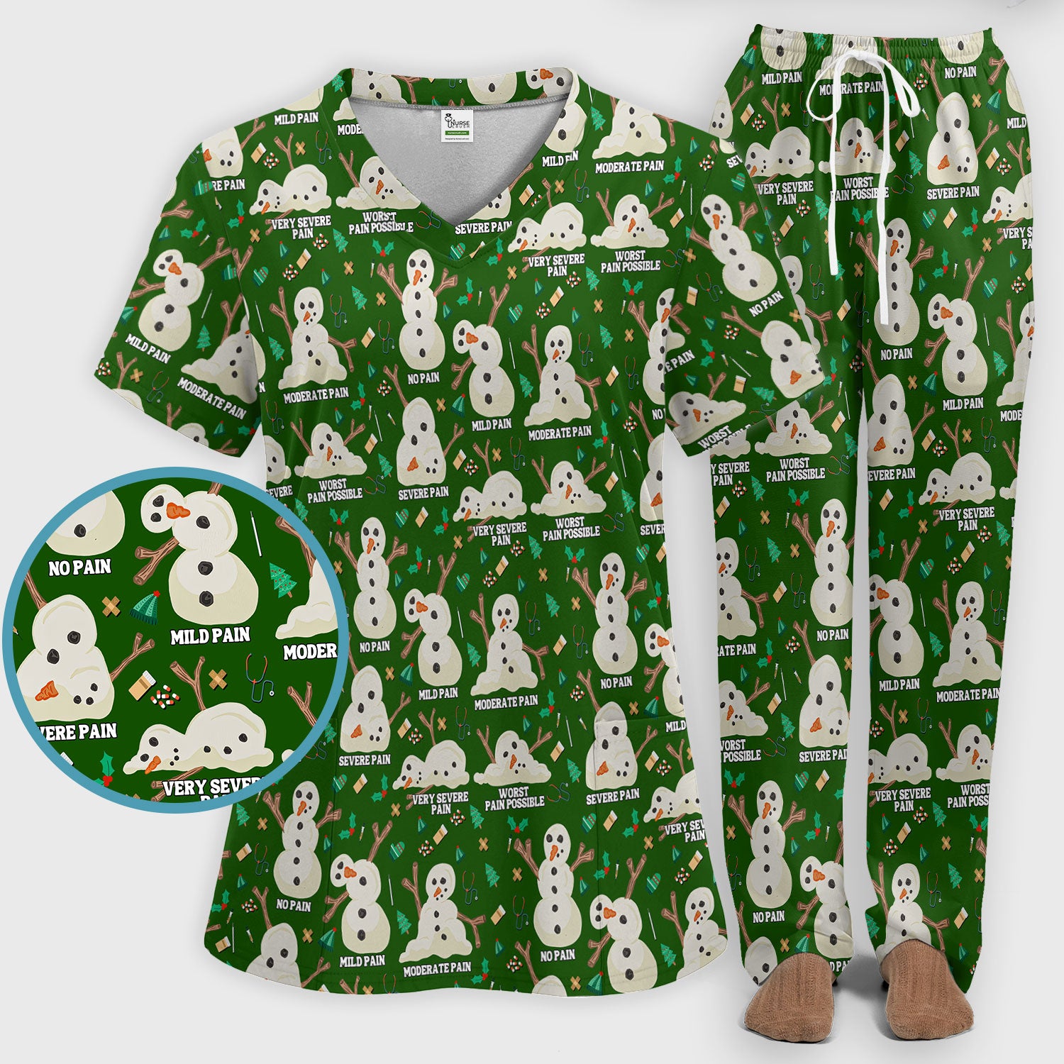 Funny Snowman Pain Scale Scrub Set for Nurse - Christmas Medical Pants and V Neck Top for Women RN LPN CNA