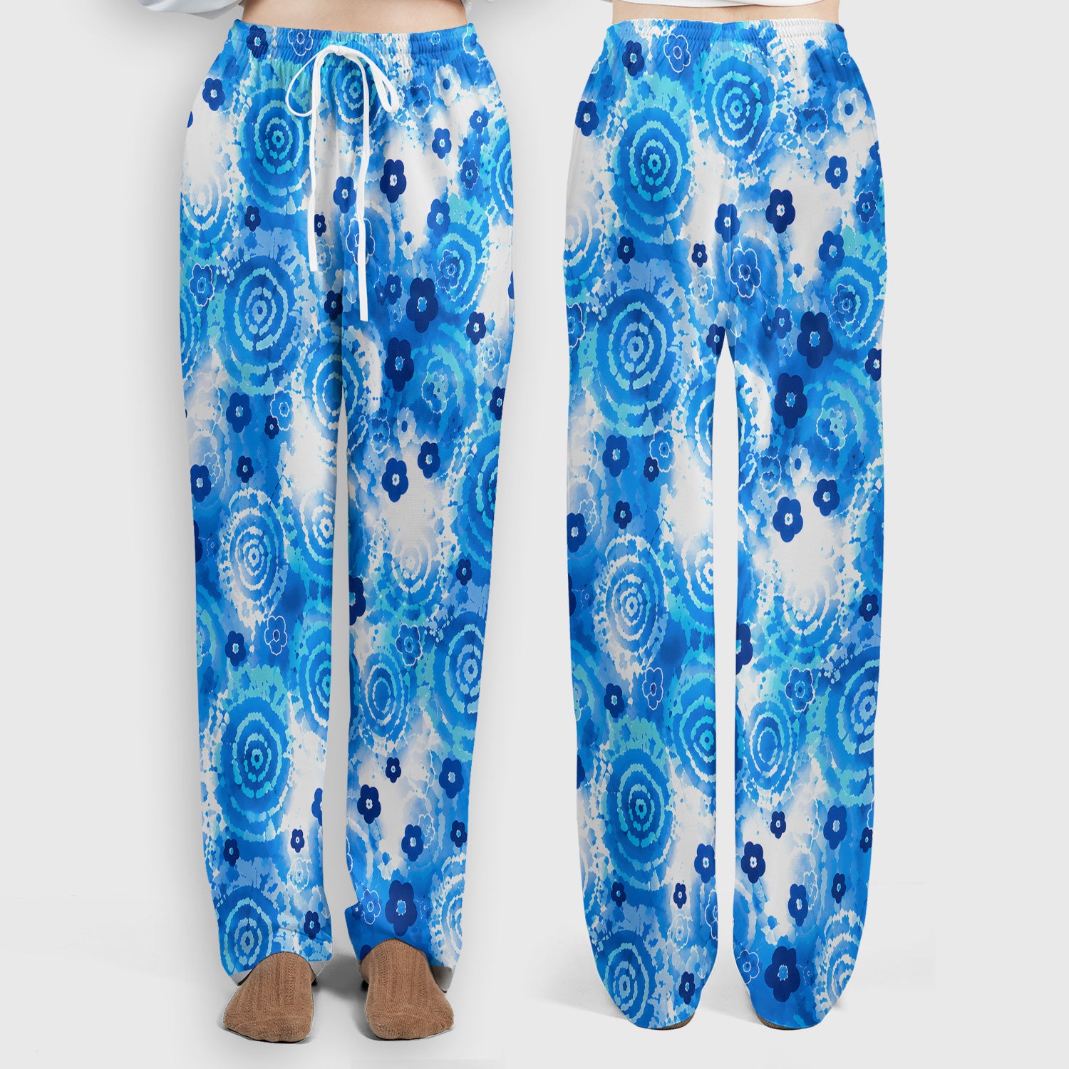 Blue Floral Spiral Nurse Pattern Scrub Top, Breathable Fabrics Nursing Uniform Scrub Set, Scrub Pants and V Neck Top