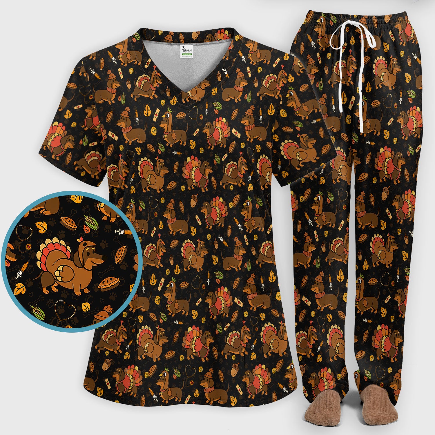 Thanksgiving Dachshund Scrubs Set - Cute Dog Turkey Medical Uniform for Nurses - Funny Holiday Gift for RN CNA LPN