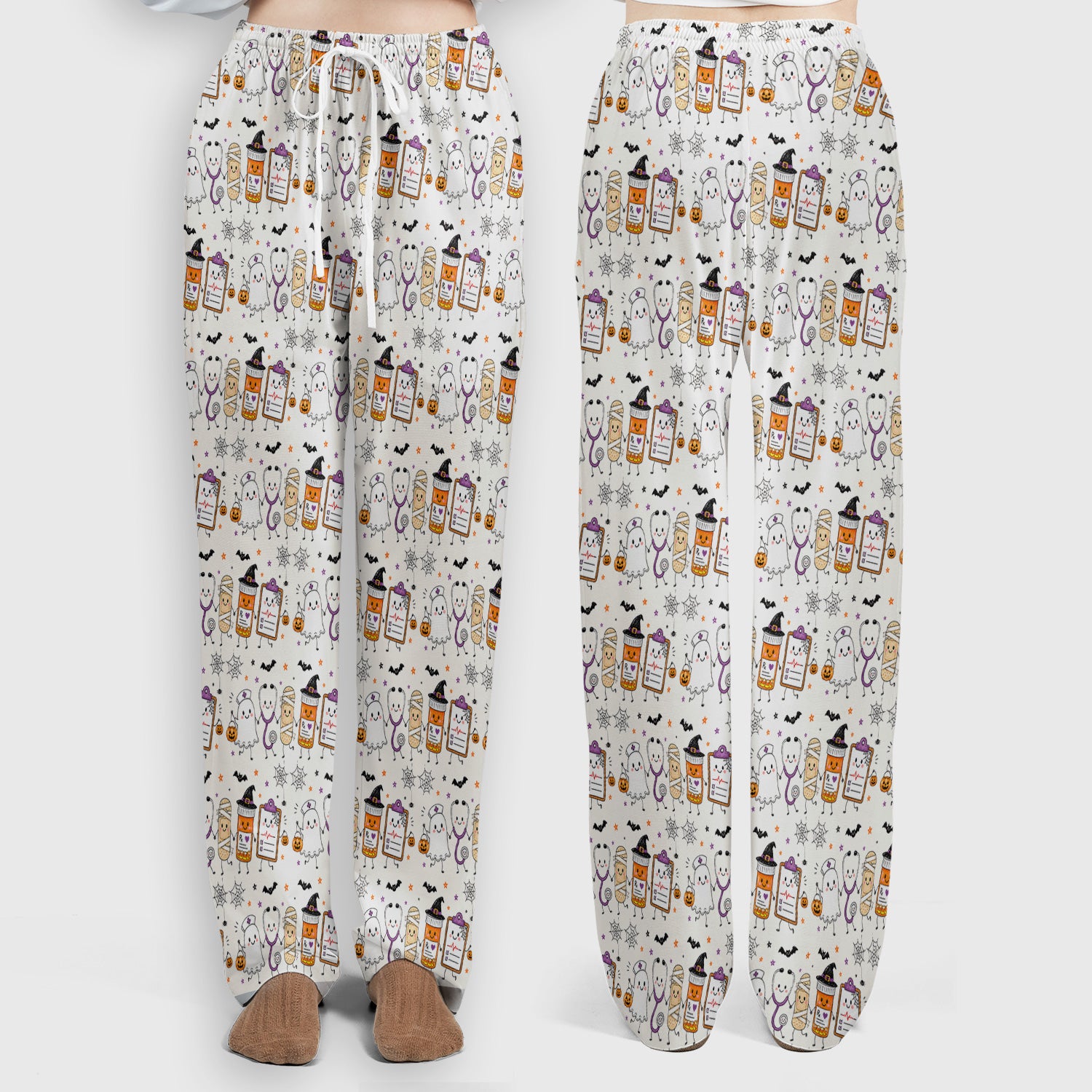 Halloween Medical Characters Print Scrub Set, Scrub Pants and V Neck Top