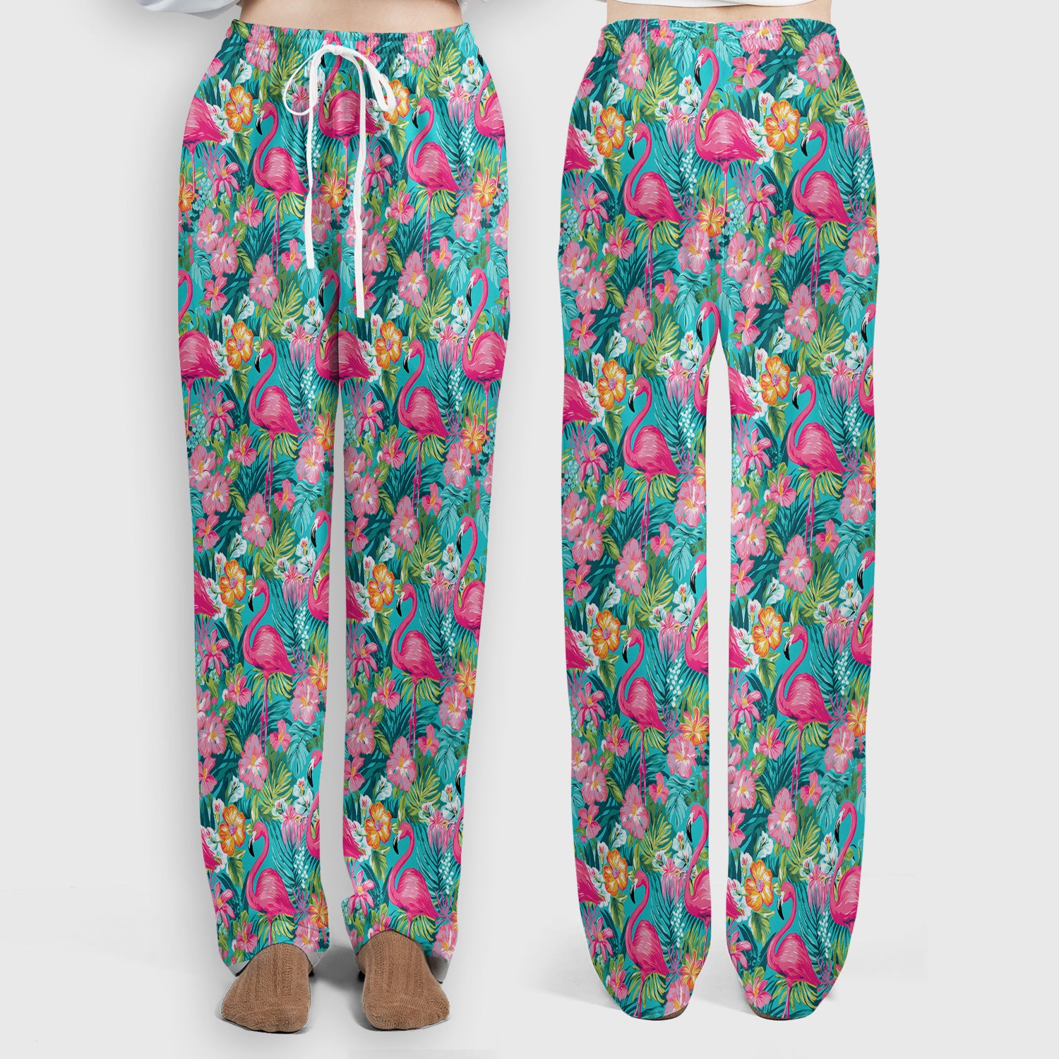 Tropical Flamingo Floral Pattern Scrub Set, Scrub Pants and V Neck Top