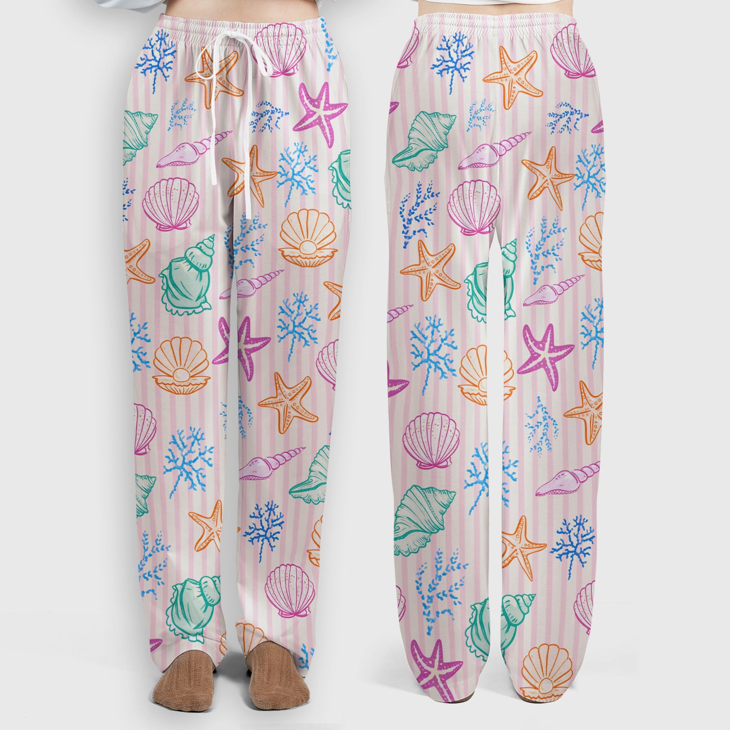 Colorful Seashell Starfish Ocean Stripe Pattern Scrub Set, Women's Scrub Sets
