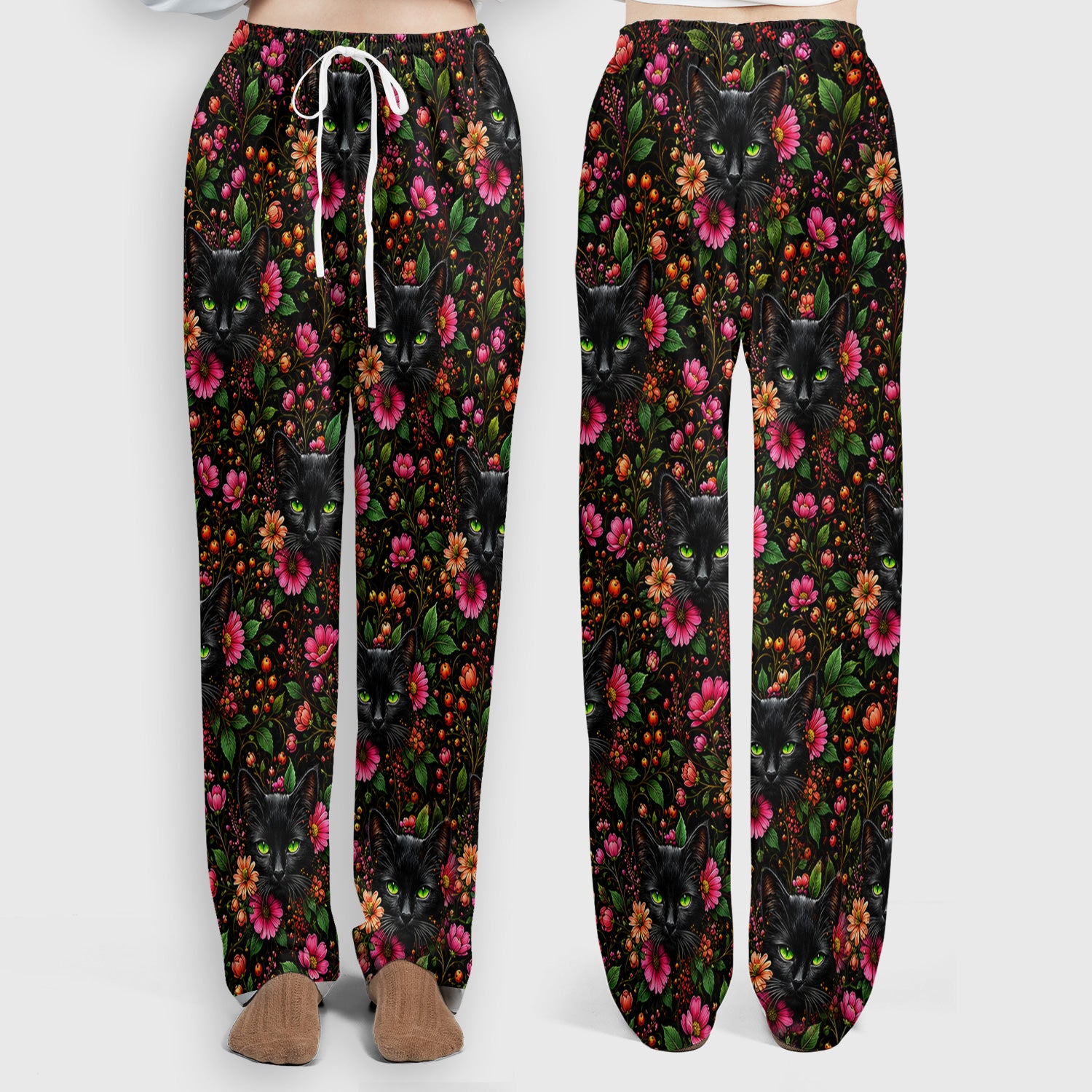 Adorable Black Cat Blossom Pattern Scrub Set, Scrub Pants and V Neck Top