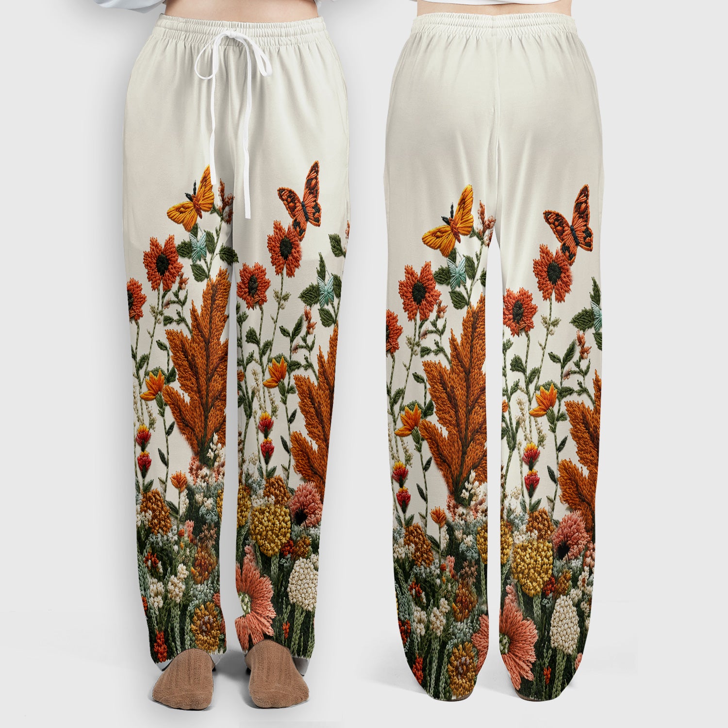 Embroidered Orange Cat Wildflower Pattern Scrub Set, Scrub Pants and V Neck Top