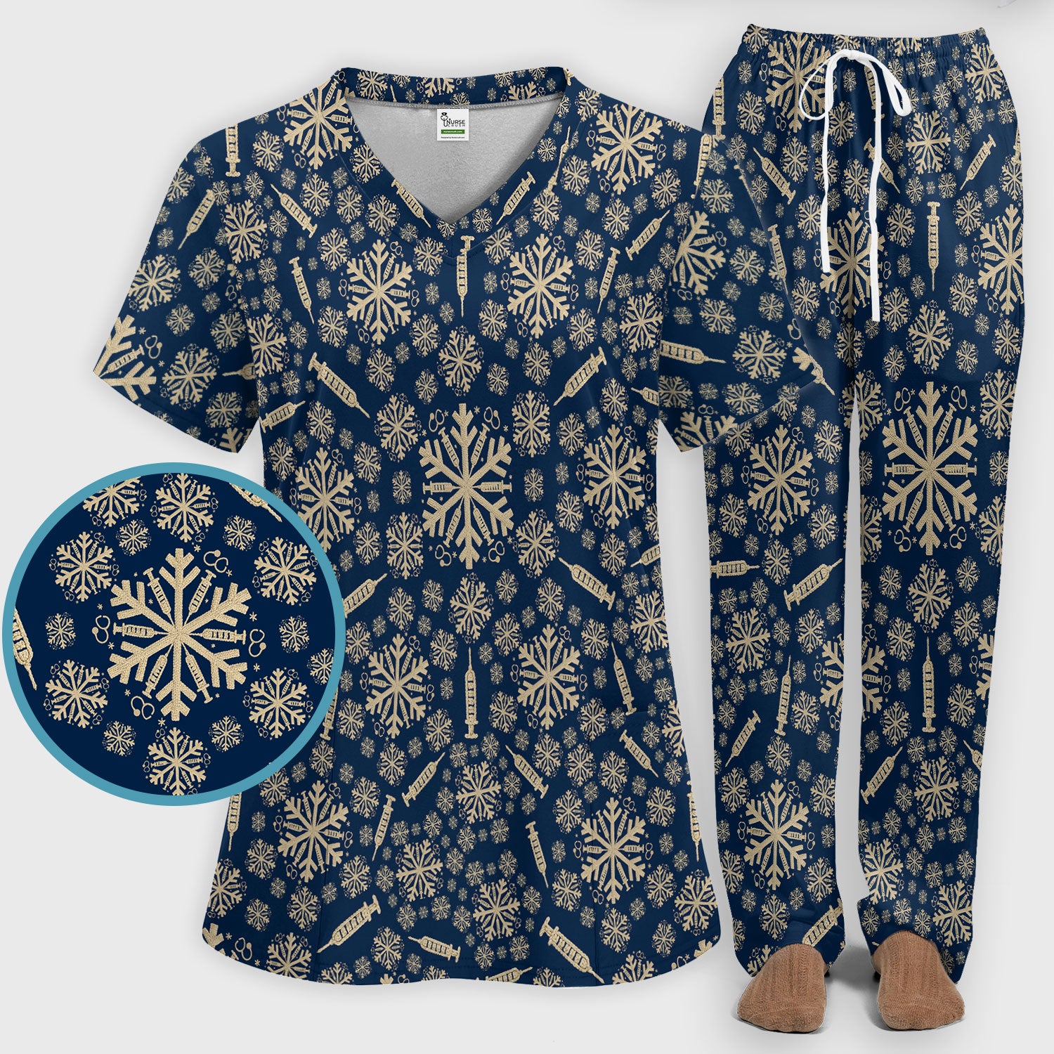 Snowflake Syringe Scrubs Pants and V Neck Top for Women - Winter Snow Medical Set - Funny Christmas Gift for Nurse