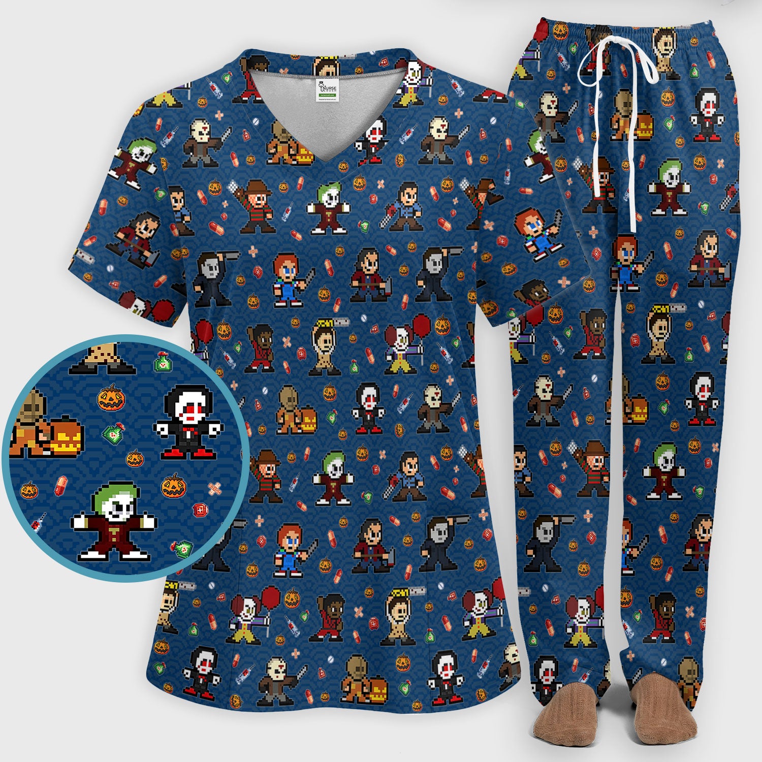 Halloween Women's Scrub Sets - Comfortable Scrubs for Nurses - Scary Character Scrub Pants and V Neck Top - Med Uniform for Her