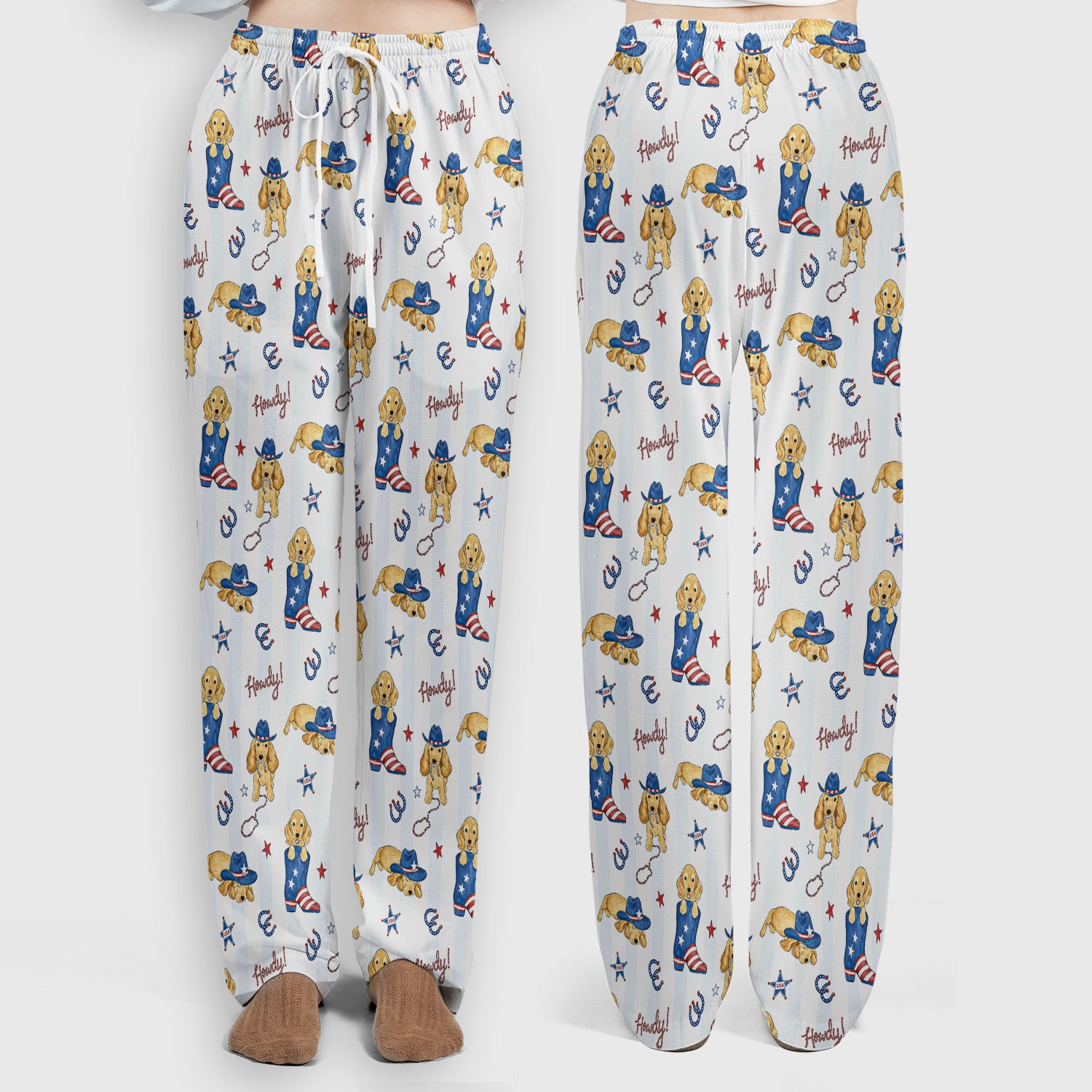 Patriotic Howdy Golden Dog Western Pattern Scrub Set, Scrub Pants and V Neck Top