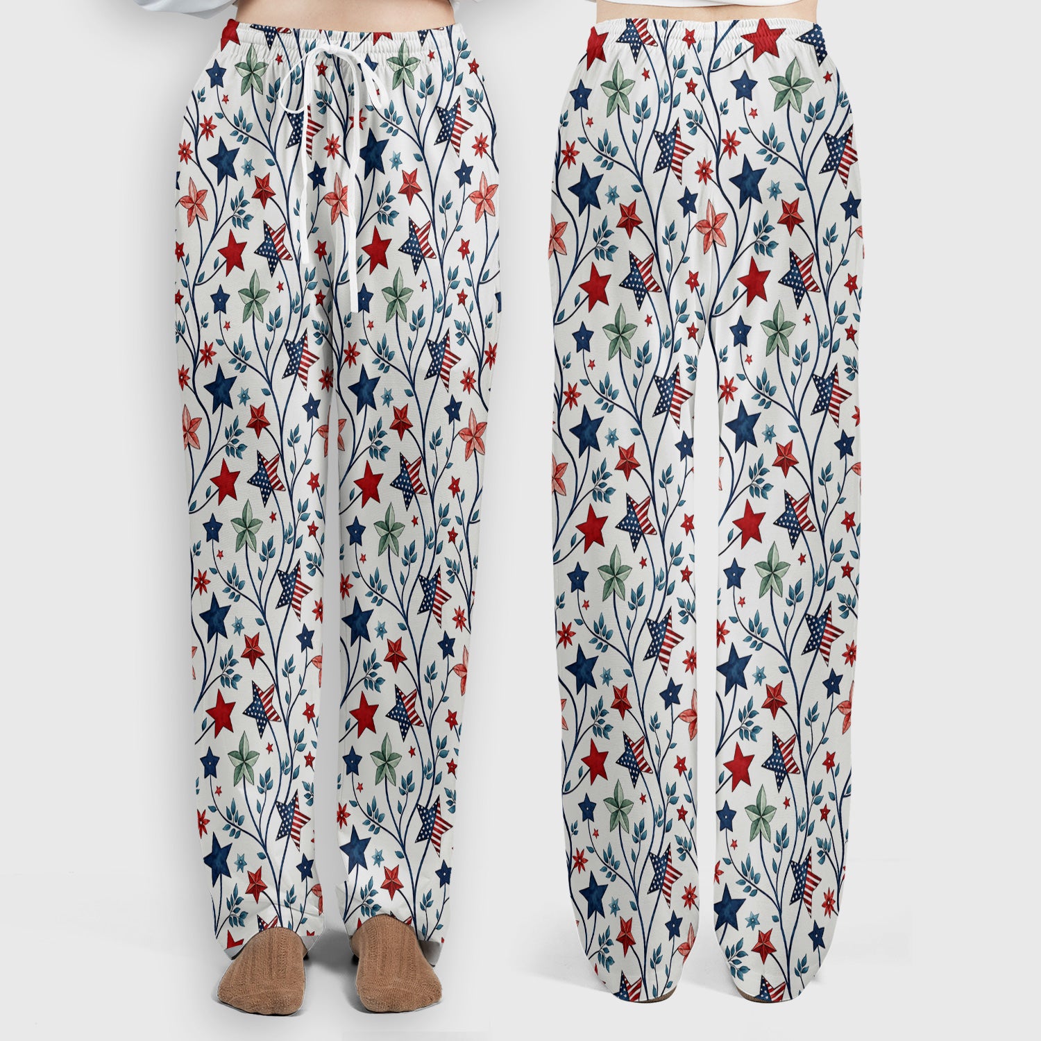 Patriotic Star Vine Floral Print Scrub Set, Scrub Pants and V Neck Top