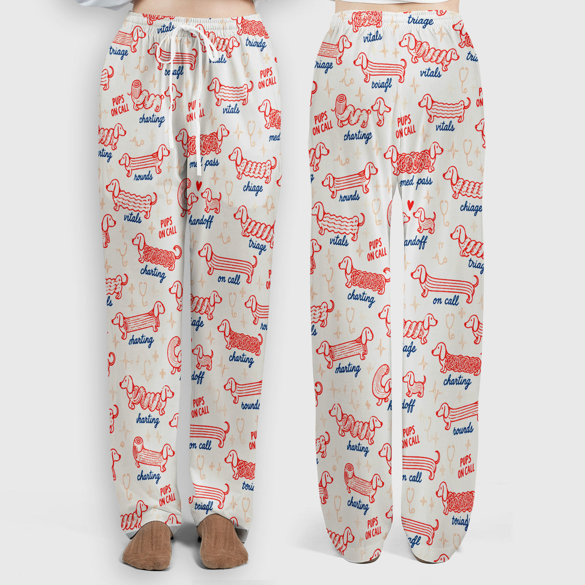 Cute Pups On Call Dachshund Pattern Scrub Set, Scrub Pants and V Neck Top