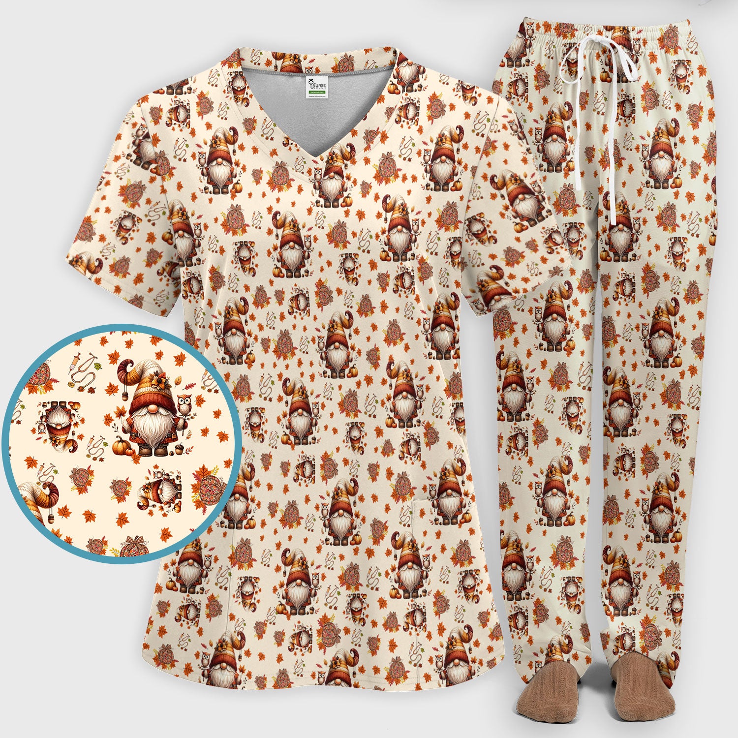 Autumn Leaves Pumpkin Scrubs Set for Women - Gnome Scrubs for Nurse Mama - Breathable Fabrics Nursing Uniform