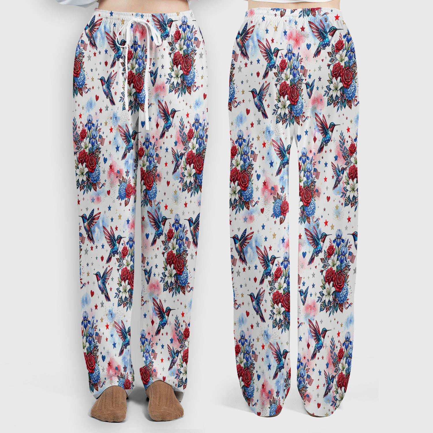 Patriotic Hummingbird Floral Bouquet Pattern Scrub Set, Scrub Pants and V Neck Top