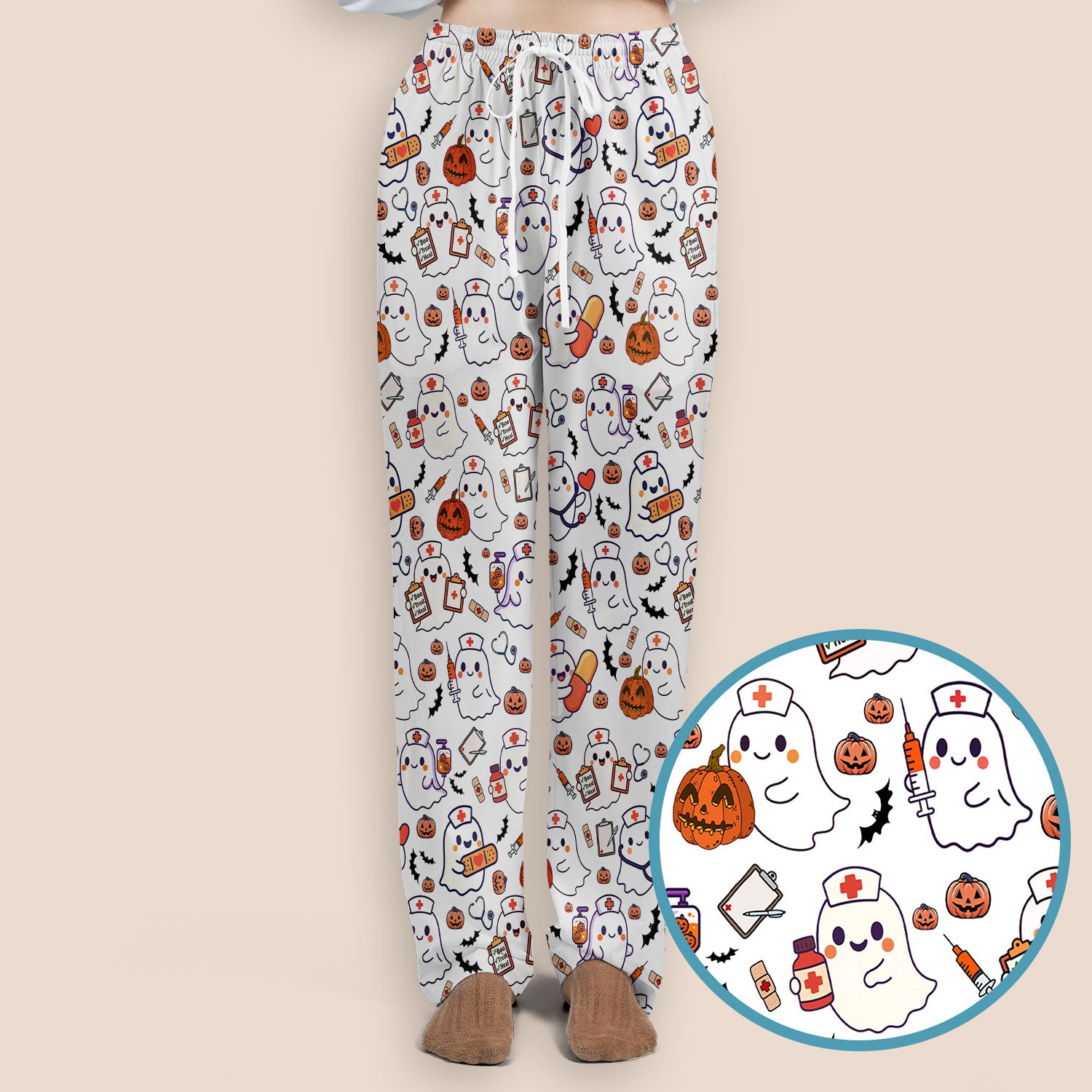 Women's Scrub Sets Halloween Gift - Comfortable Scrubs for Nurses - Pumpkin Ghost Scrub Pants and V Neck Top