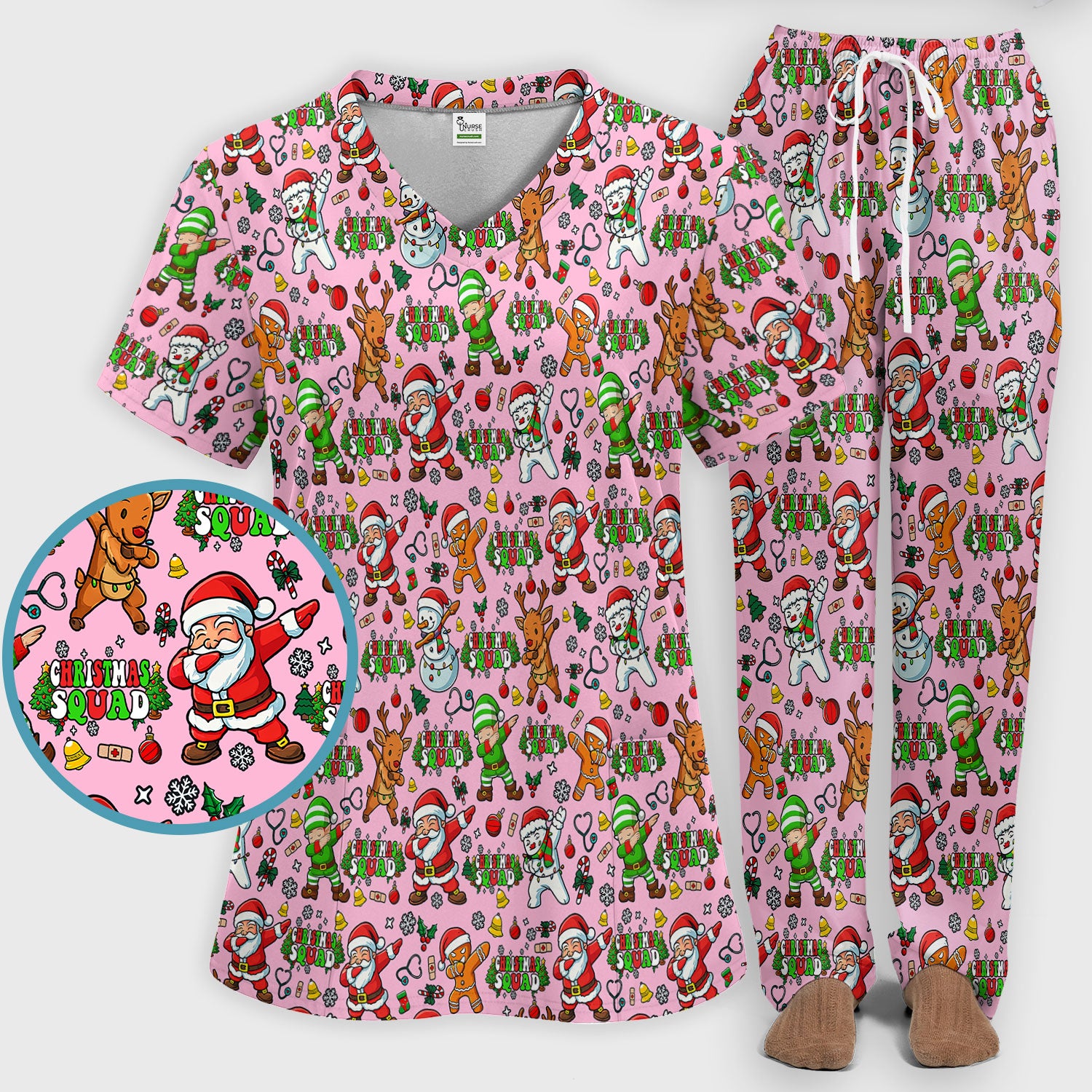 Christmas Squad Scrub Set - Dancing Santa, Reindeer & Elf Pants and V Neck Top - Funny Holiday Gift for Nurses, Doctors & Vet Techs