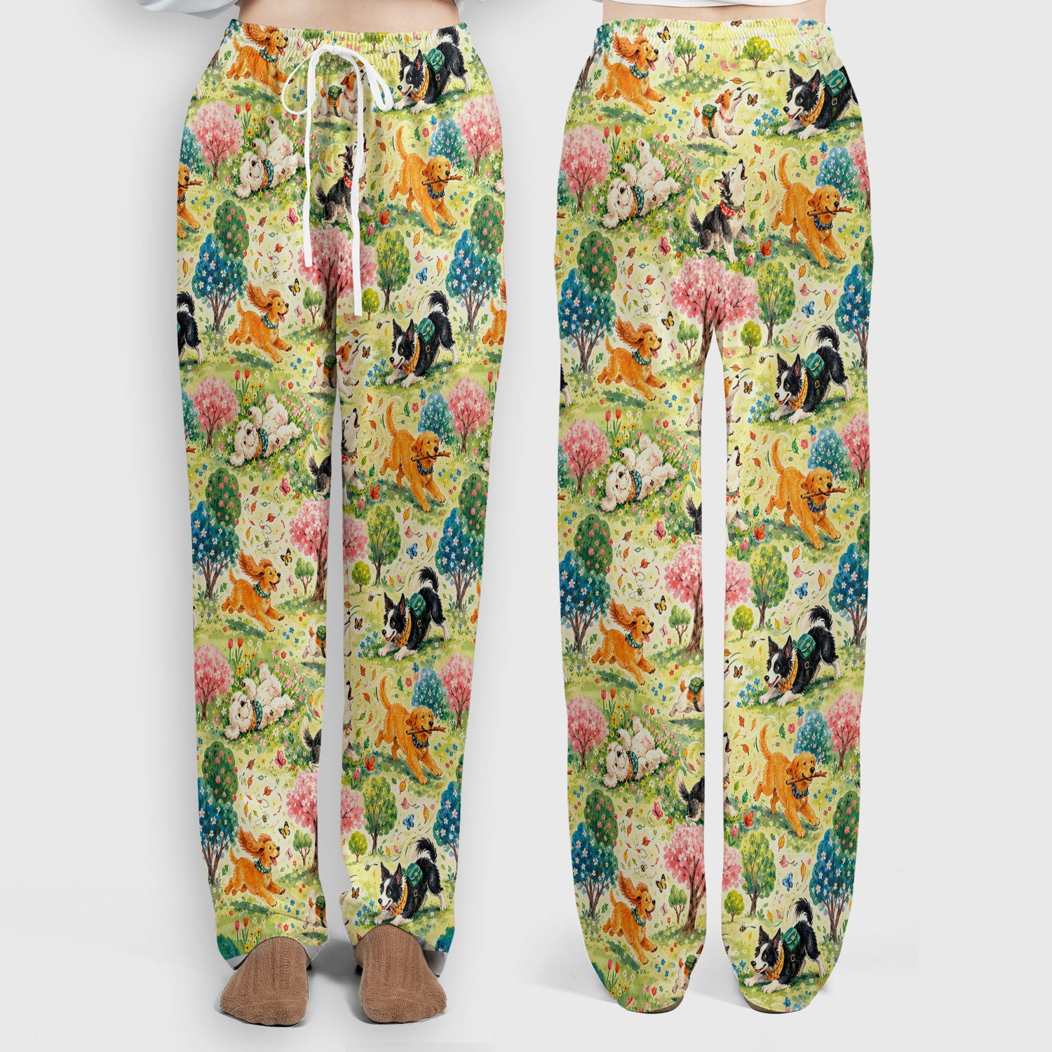 Playful Spring Garden Dogs Pattern Scrub Set, Scrub Pants and V Neck Top