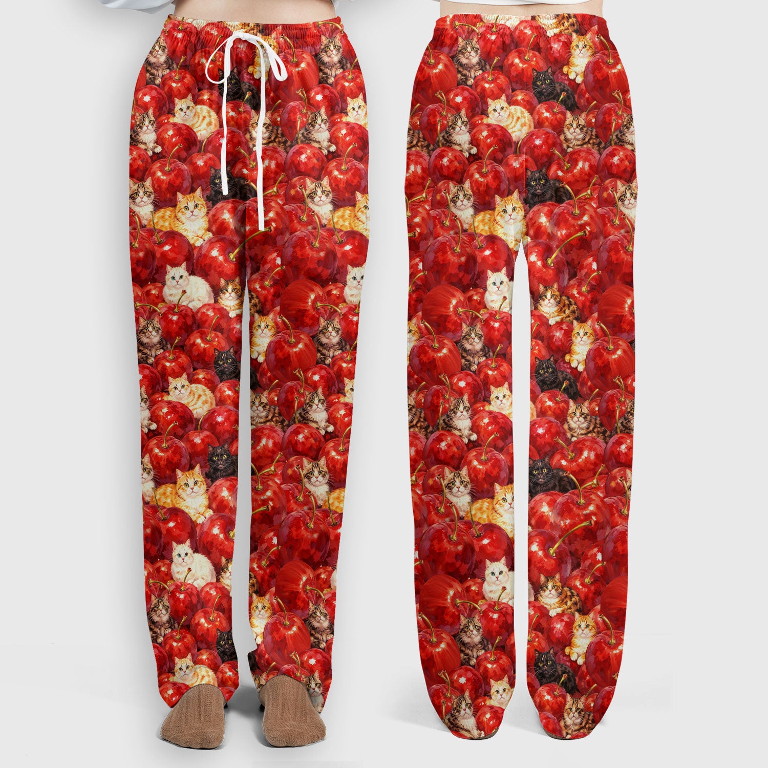 Cute Cat Cherry Pattern Scrub Set,  Scrub Pants and V Neck Top