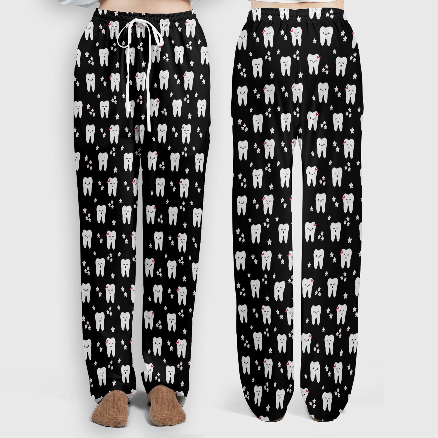 Cute Smiling Tooth And Flowers Scrub Set, Scrub Pants and V Neck Top