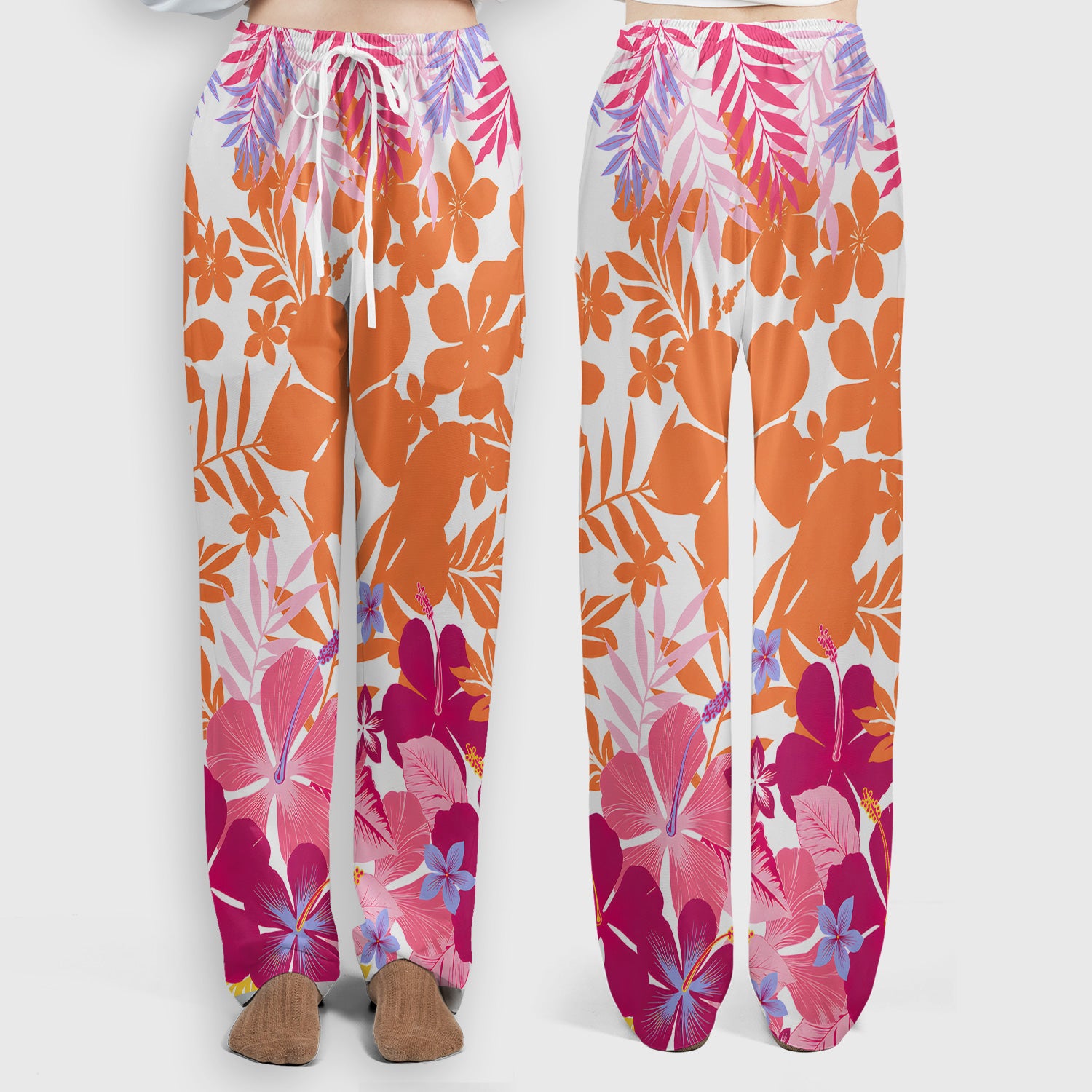 Cheerful Tropical Hibiscus Bloom Pattern Scrub Set, Scrub Pants and V Neck Top