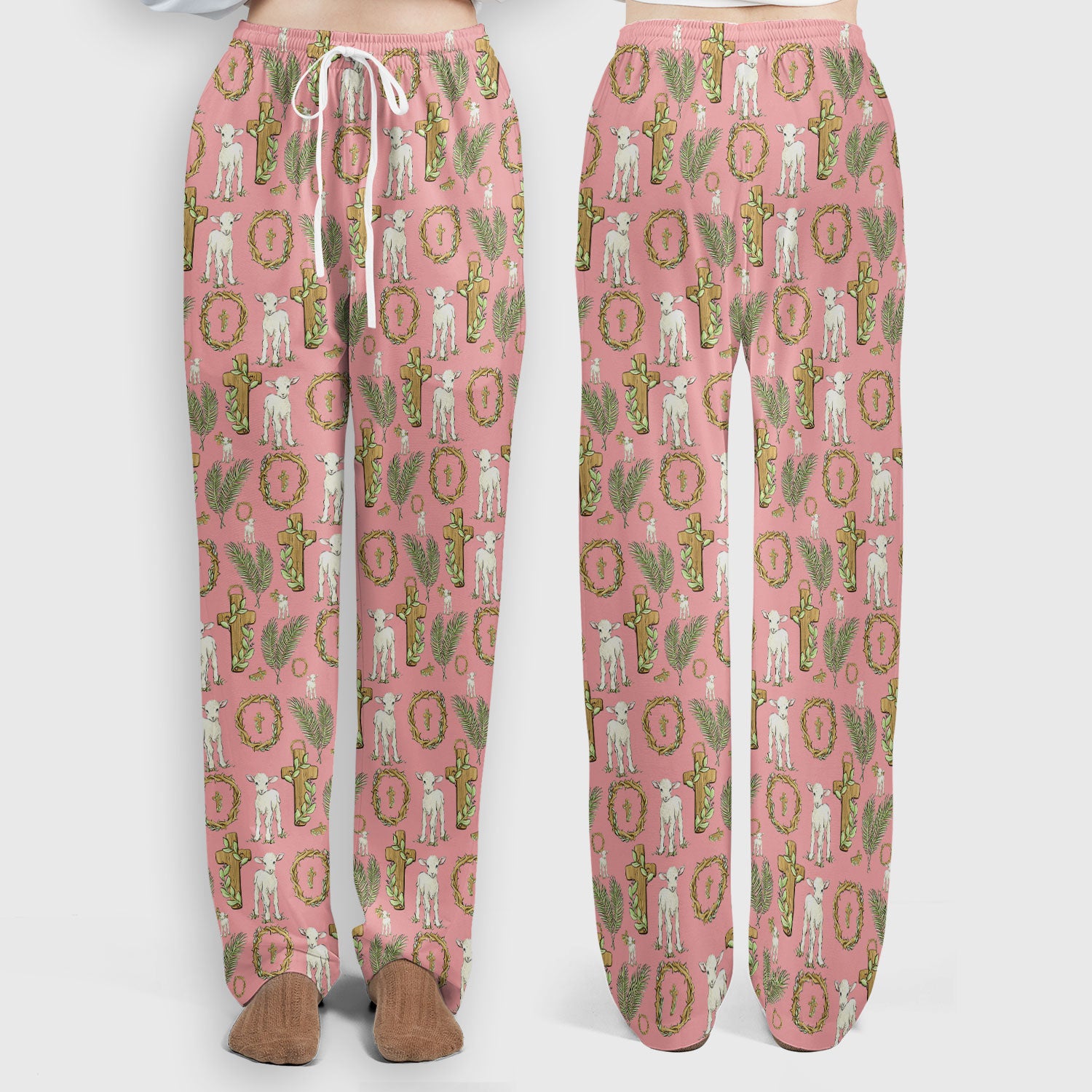 Faith Lamb Cross Pattern Women's Scrub Set, Scrub Pants and V Neck Top