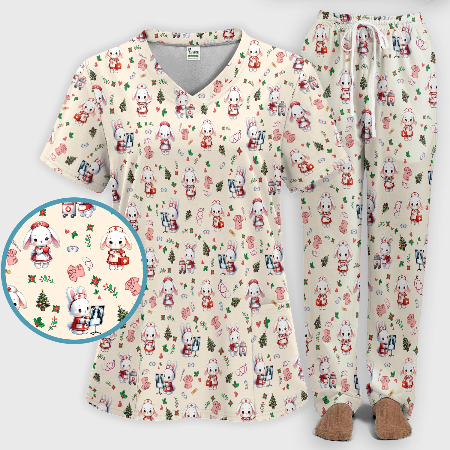 Cute Bunny Scrub Set for Nurse - Adorable Christmas Rabbit Pants and V Neck Top - Funny Holiday Medical Shirt Gift