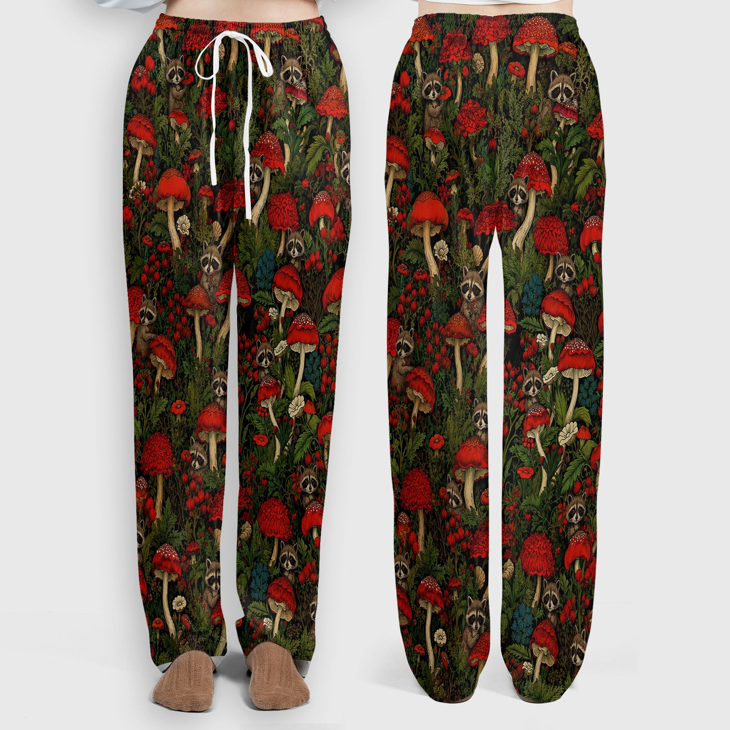 Woodland Raccoon Red Mushroom Pattern Scrub Set, Scrub Pants and V Neck Top