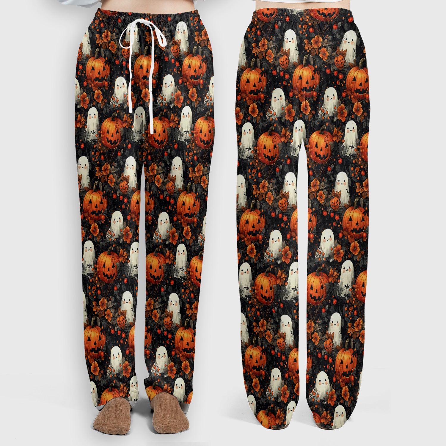 Spooky Halloween Ghost And Pumpkin Pattern Scrub Set, Scrub Pants and V Neck Top