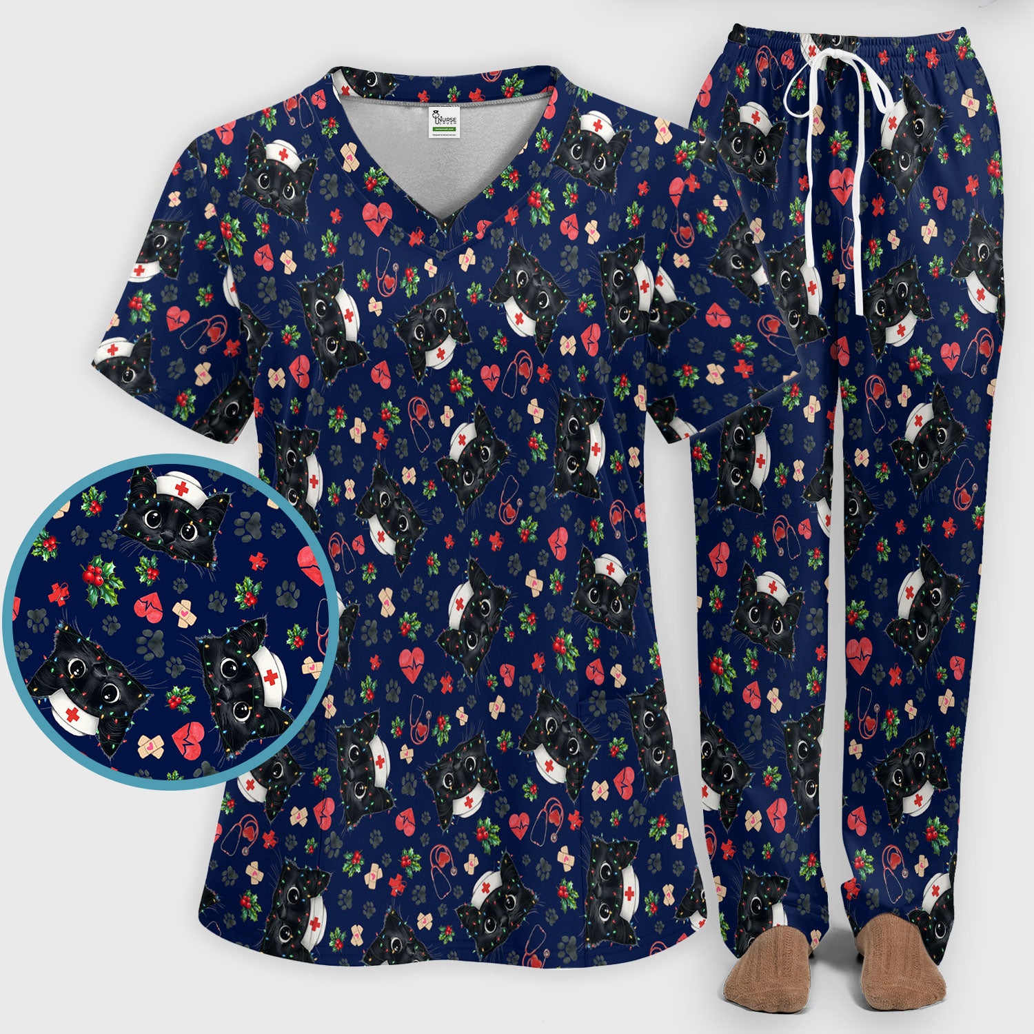 Black Cats Comfortable Scrubs for Nurses - Cute Kittens Christmas Scrubs Pants and V Neck Top - Breathable Med Uniform Gift for Women