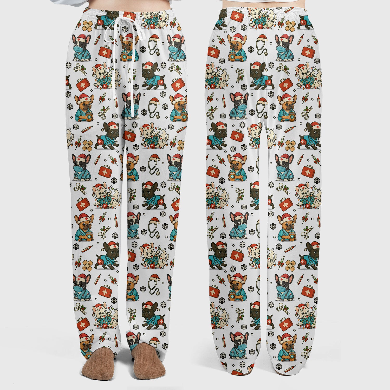 Christmas Dog Nurse Scrub Set for Women - Cute French Bulldog Pattern Scrub Top and Pants - Funny Holiday Nursing Outfit Gift for RN LPN CNA