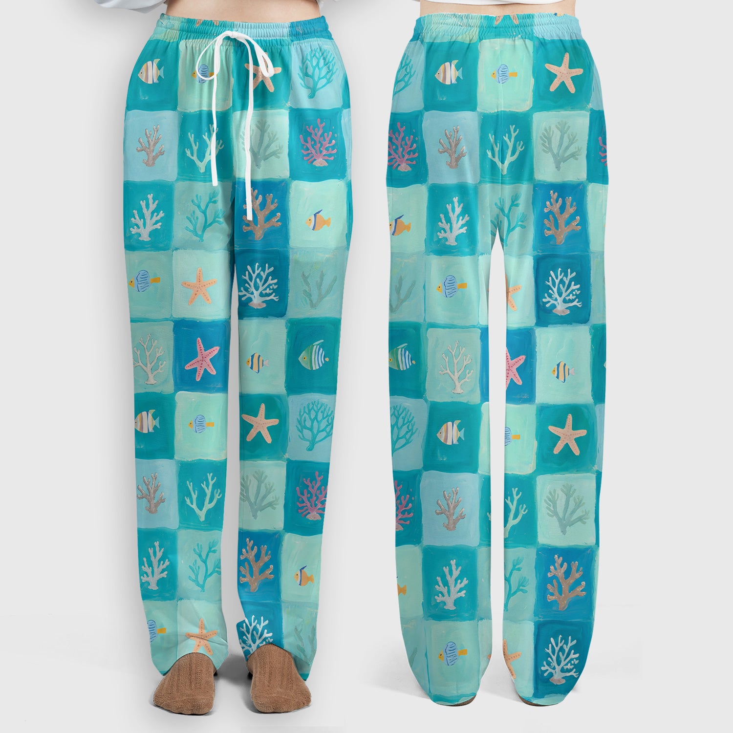 Ocean Coral Fish Starfish Checkered Pattern Scrub Set, Scrub Pants and V Neck Top