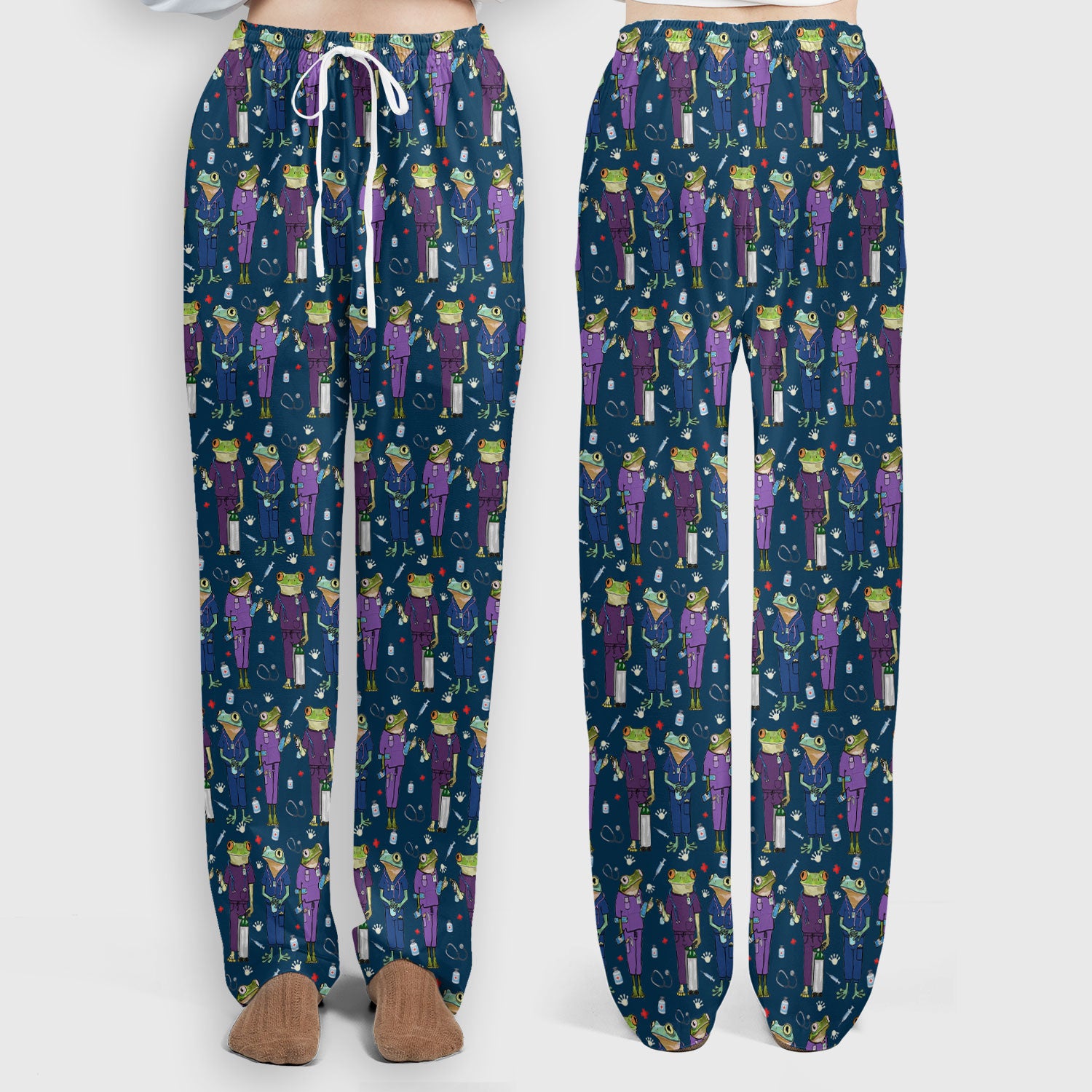 Funny Frog Nurse Pattern Scrub Set, Scrub Pants and V Neck Top