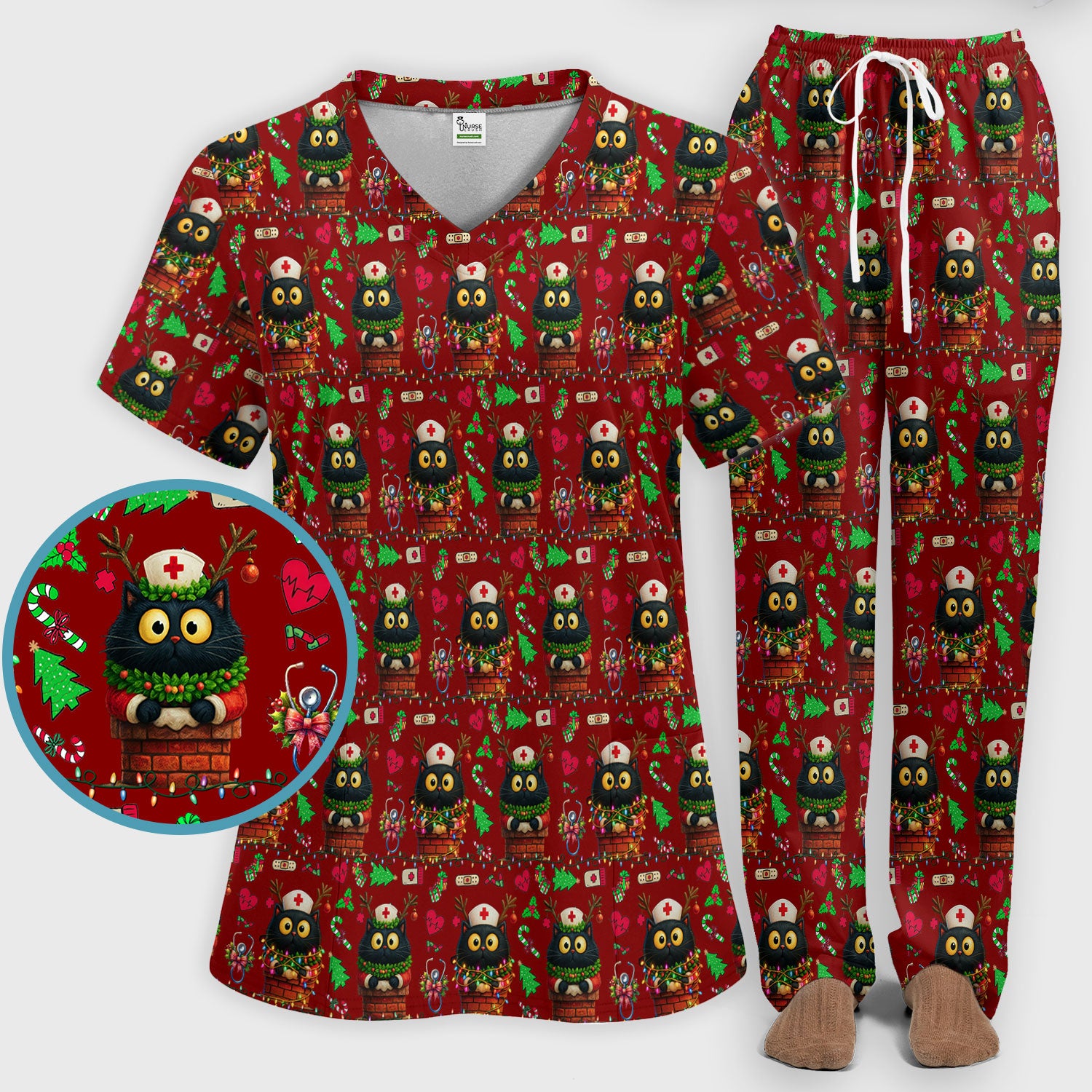 Christmas Black Cat Scrub Set for Nurse - Cute Reindeer Cat with Xmas Lights Pants and V Neck Top - Festive Holiday Medical Uniform