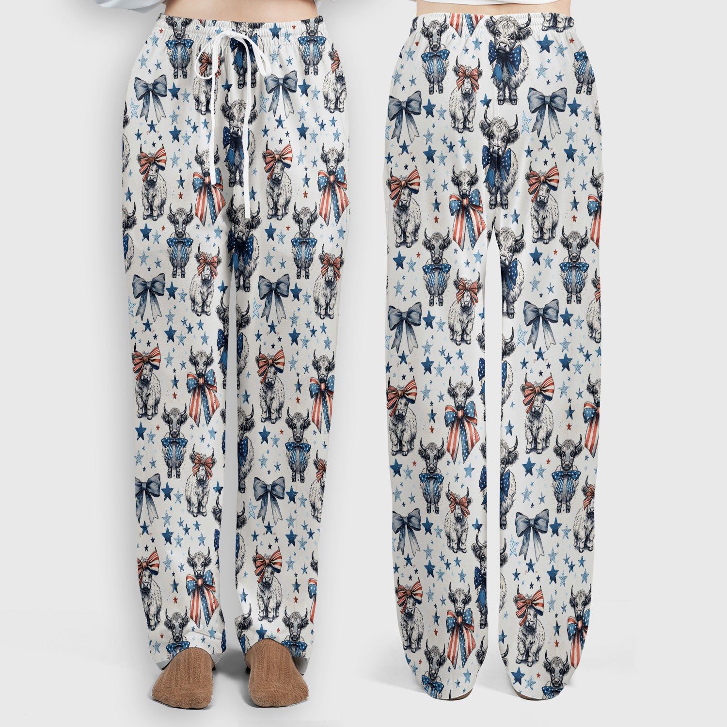 Patriotic Highland Cow Stars Pattern Scrub Set, Scrub Pants and V Neck Top