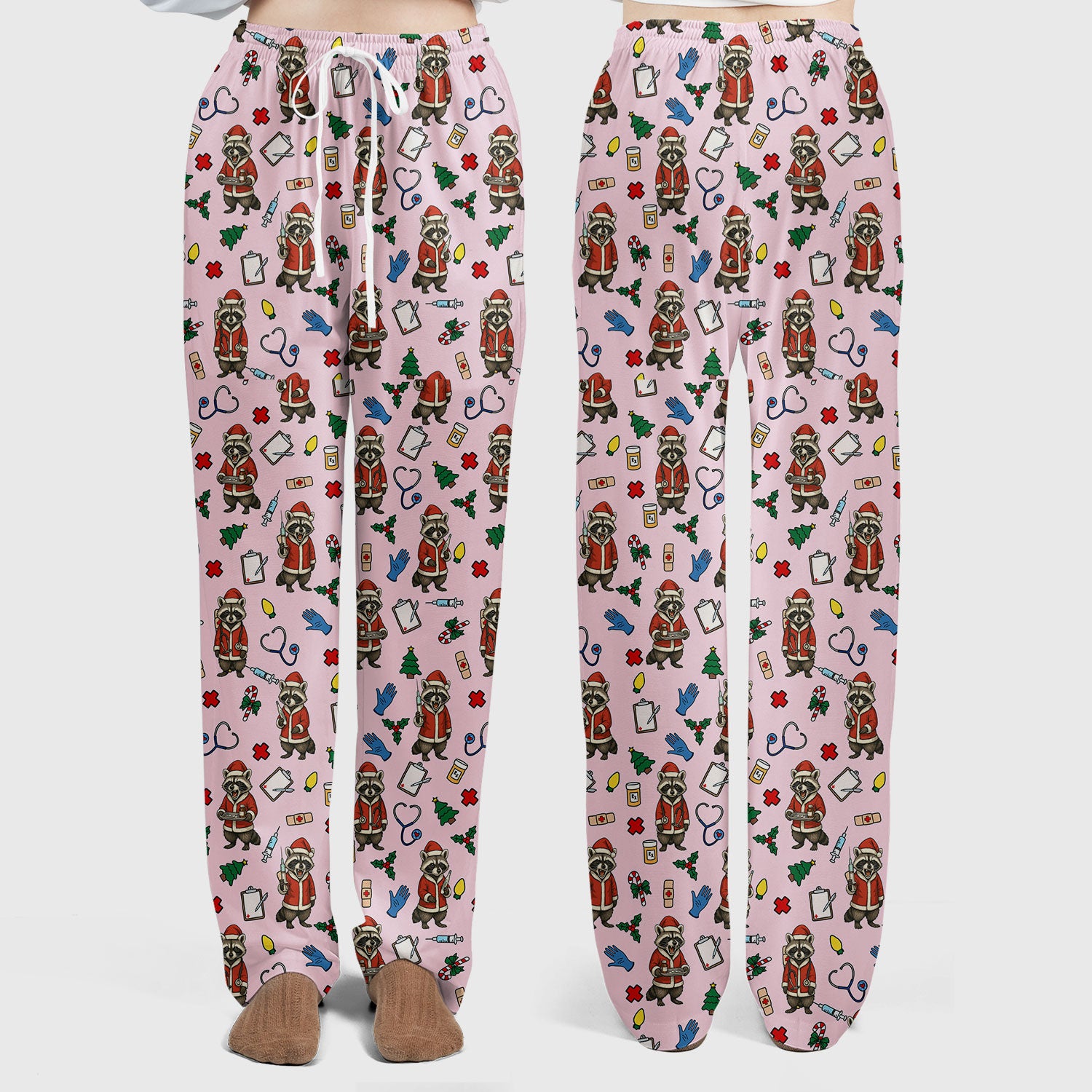 Christmas Raccoon Pattern Nurse Scrub Set - Funny Santa Medical Print Top and Pants - Holiday Gift for RN LPN CNA Women
