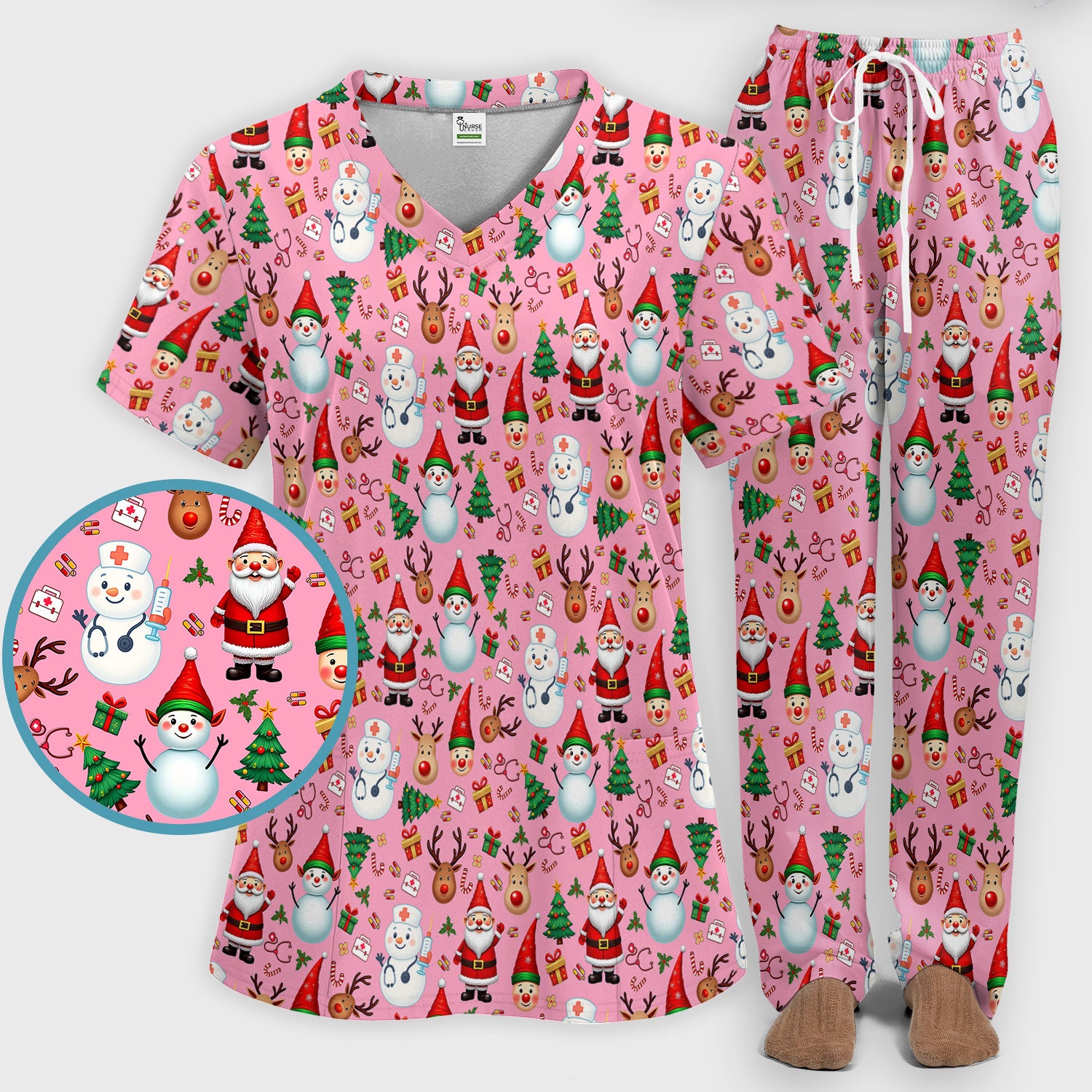 Christmas Scrub Set for Nurses - Cute Snowman Reindeer Santa Pattern - Holiday Medical Uniform RN CNA LPN Gift