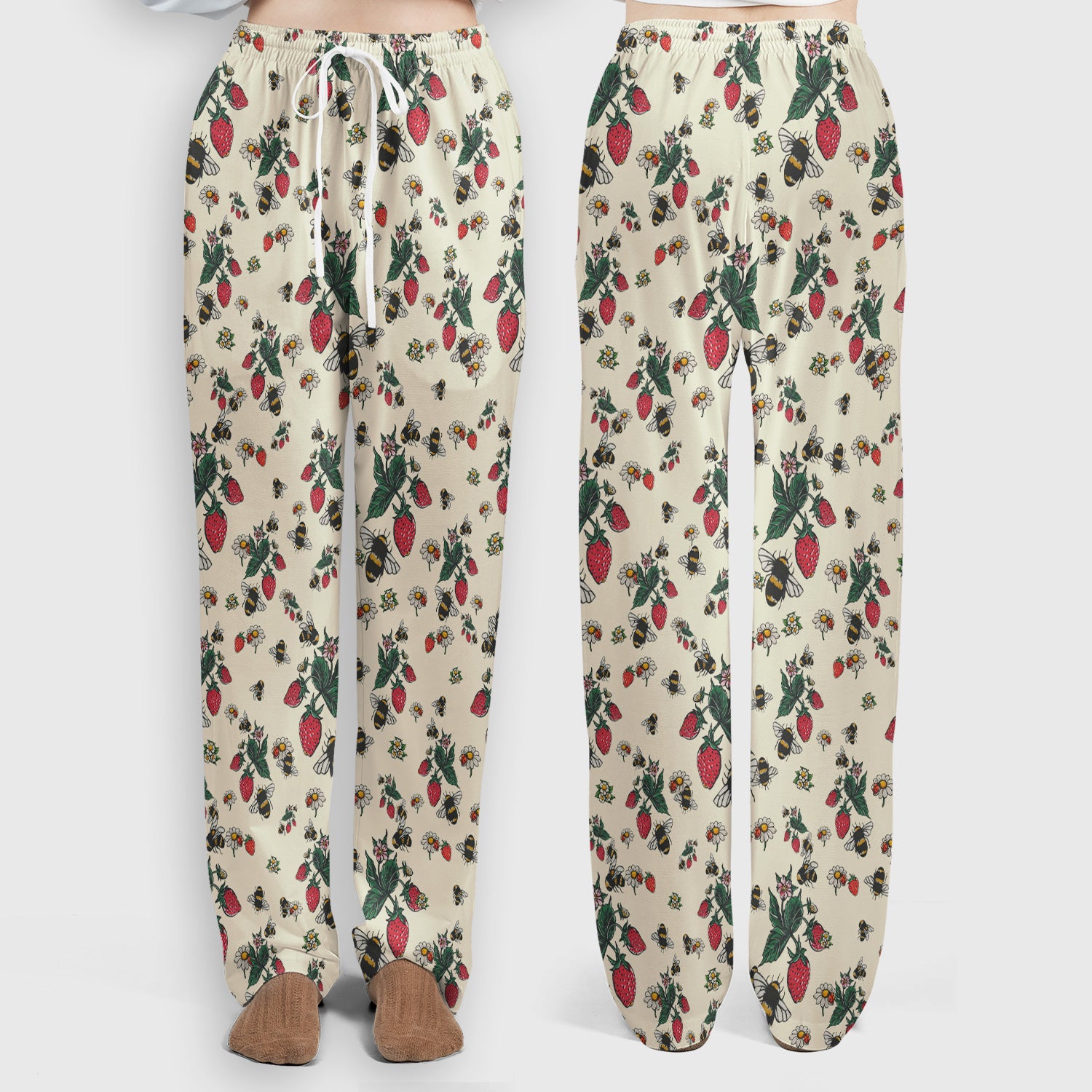 Cute Strawberry Bee Daisy Floral Pattern Scrub Set, Scrub Pants and V Neck Top