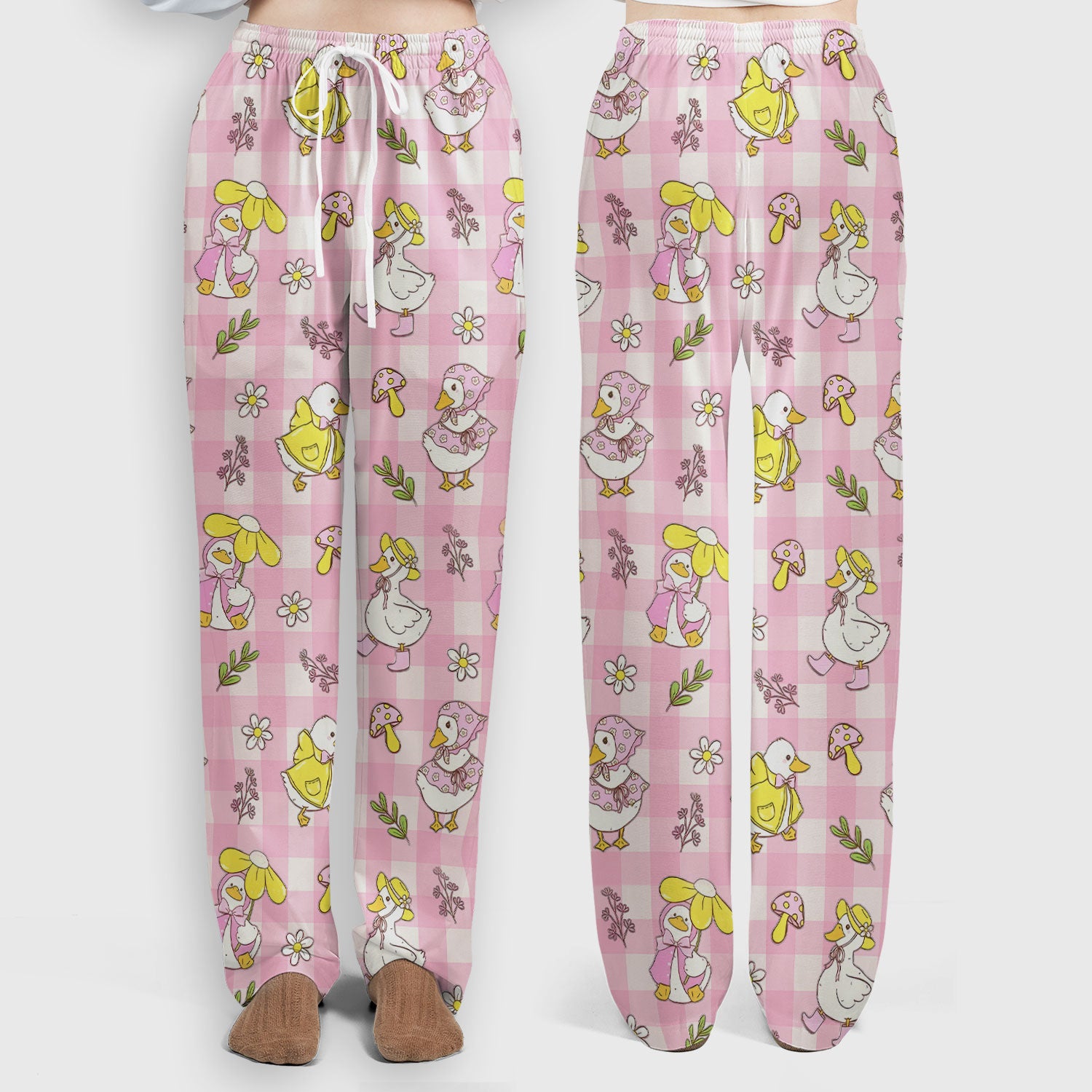 Cute Duck Outfit Gingham Pattern Scrub Set, Scrub Pants and V Neck Top
