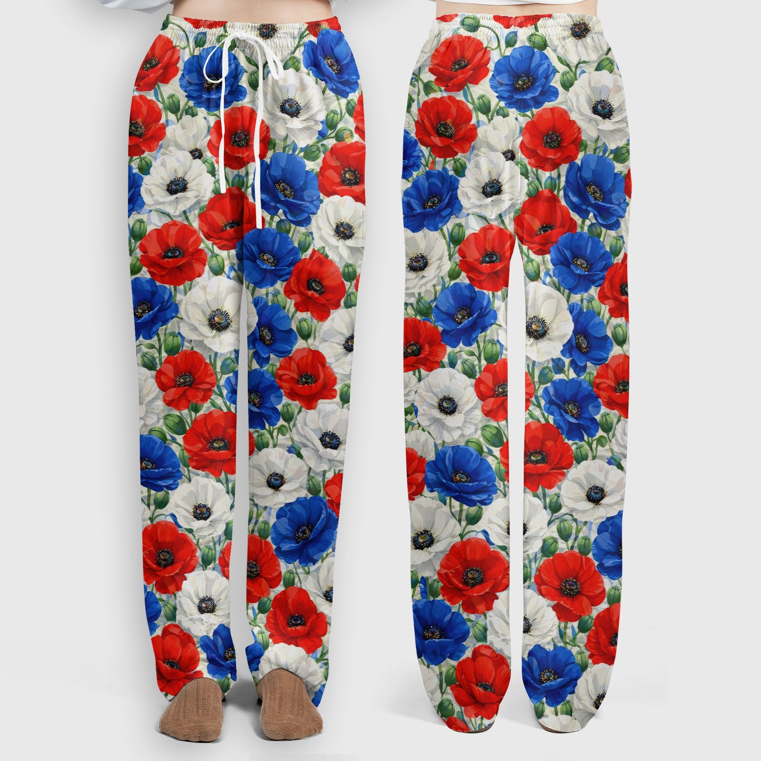 Festive Patriotic Red Blue Poppy Floral Pattern Scrub Set, Scrub Pants and V Neck Top