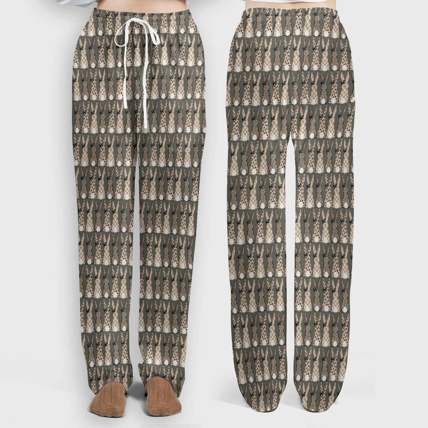 Vintage Bunny Pattern Beige Scrub Set, Scrub Pants and V Neck Top