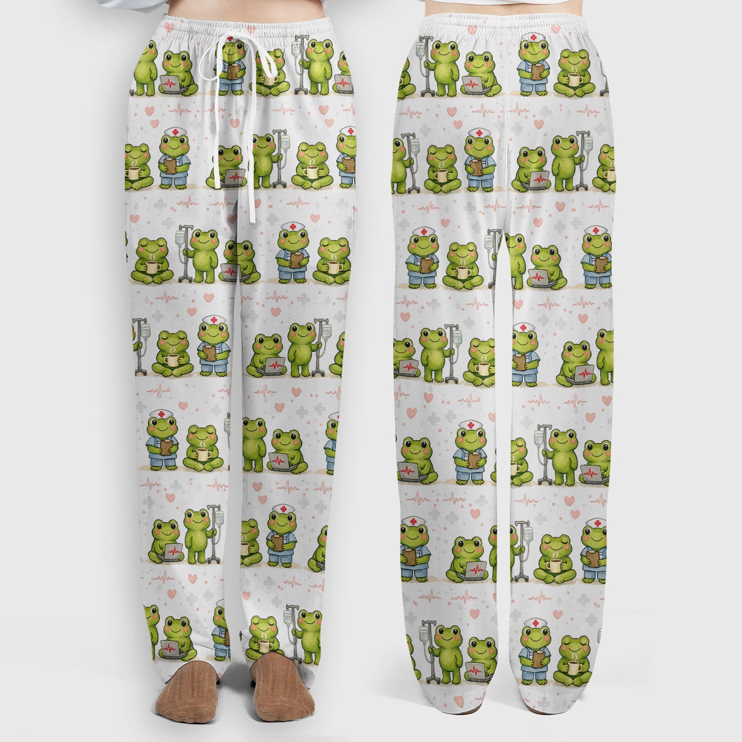 Adorable Frog Nurse Various Poses Print Scrub Set, Breathable Med Uniform