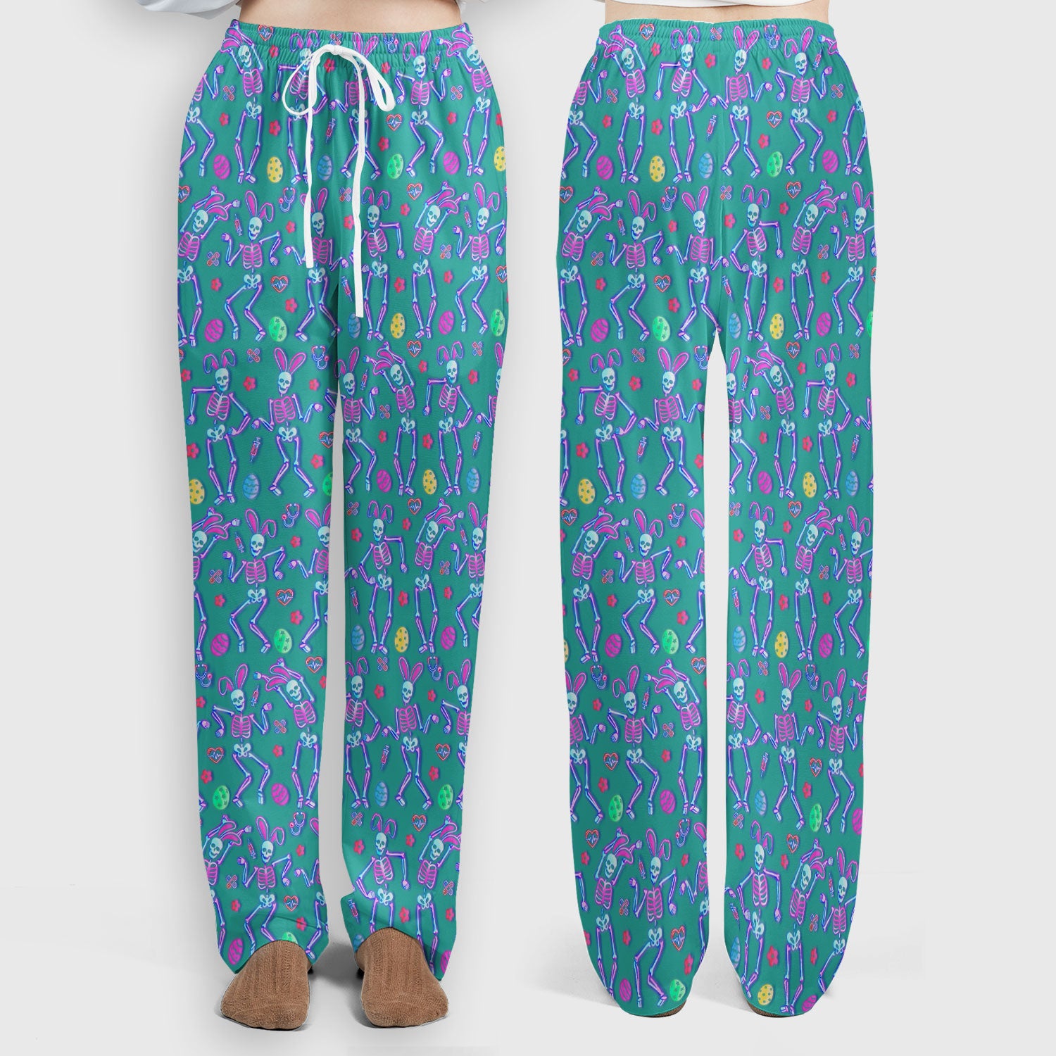 Neon Easter Skeleton Print Scrub Set, Scrub Pants and V Neck Top