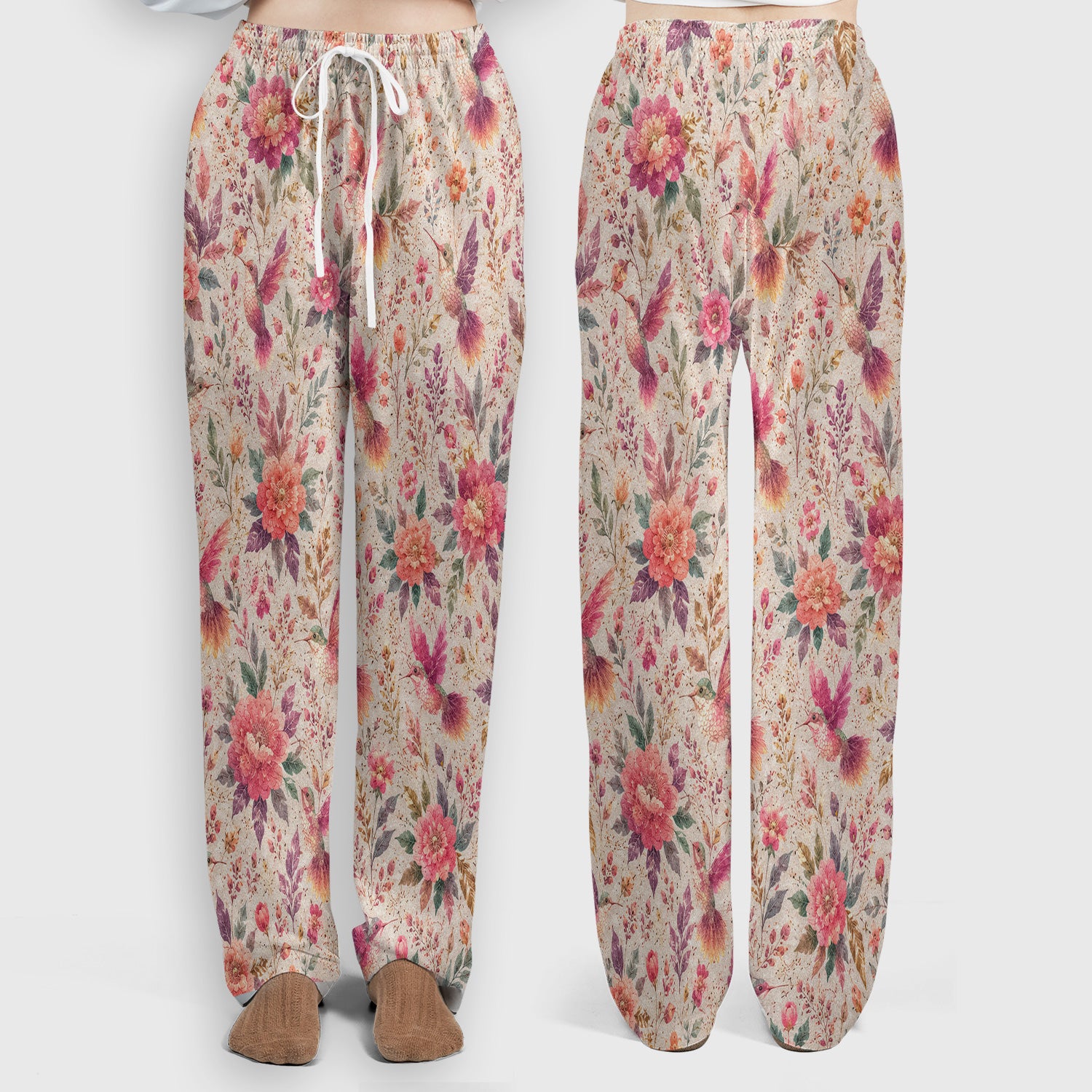 Hummingbird Floral Garden Pattern Scrub Set, Scrub Pants and V Neck Top