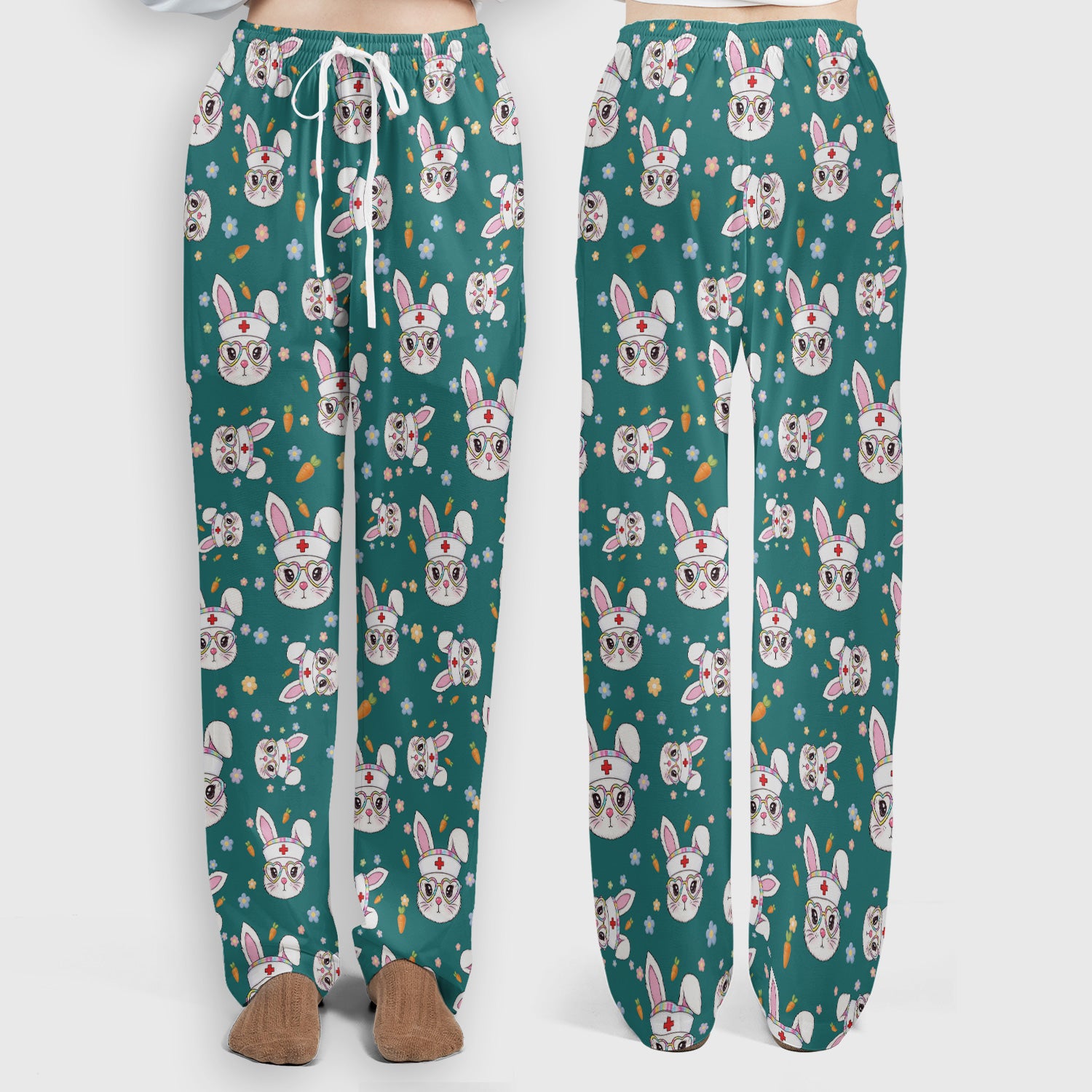 Cute Easter Bunny Nurse Pattern Scrub Set, Scrub Pants and V Neck Top