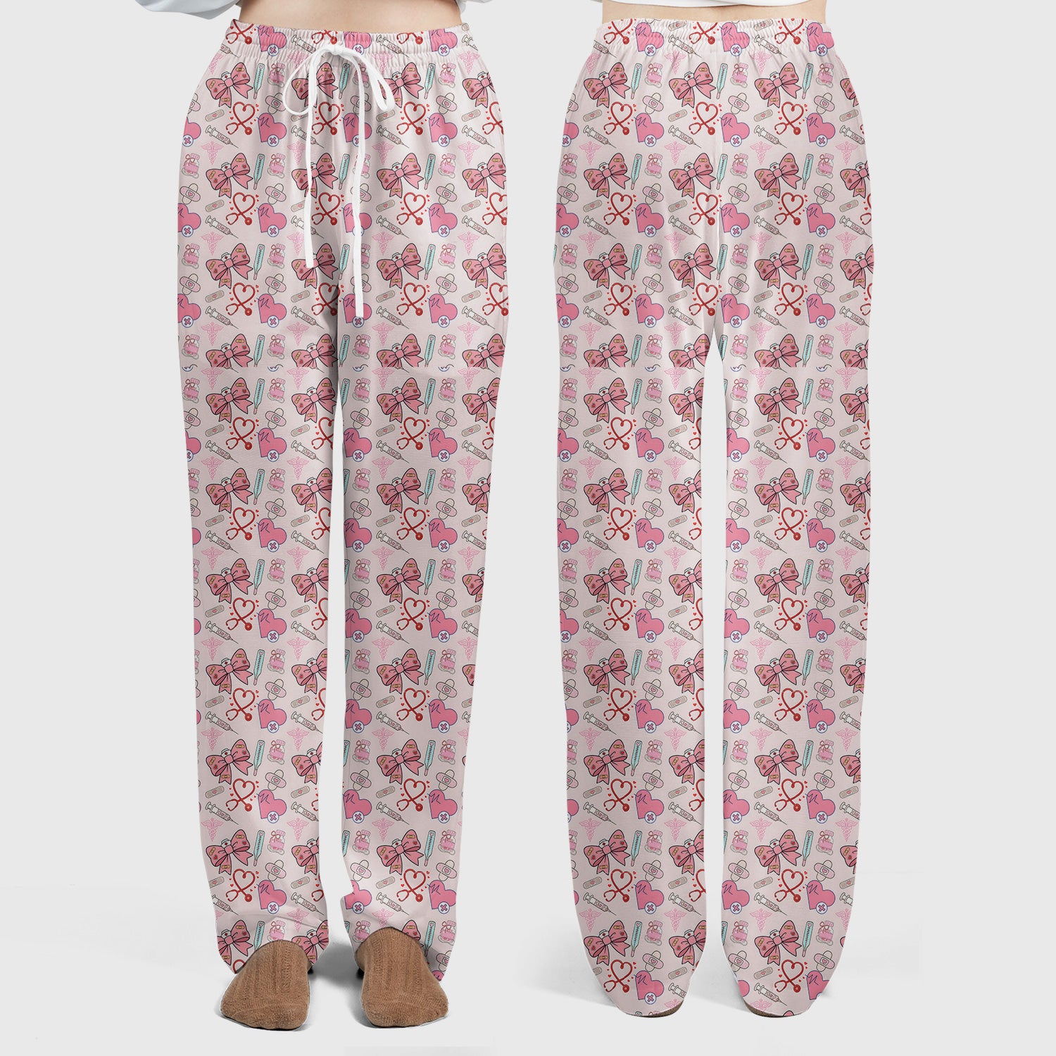 Pink Nurse Bow Heart Print Scrub Set, Scrub Pants and V Neck Top