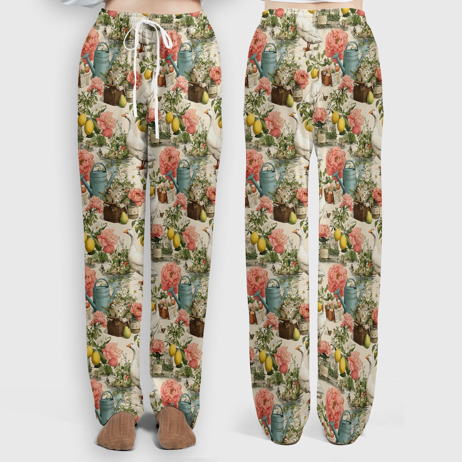 Vintage Goose Garden Floral Pattern Scrub Set, Scrub Pants and V Neck Top