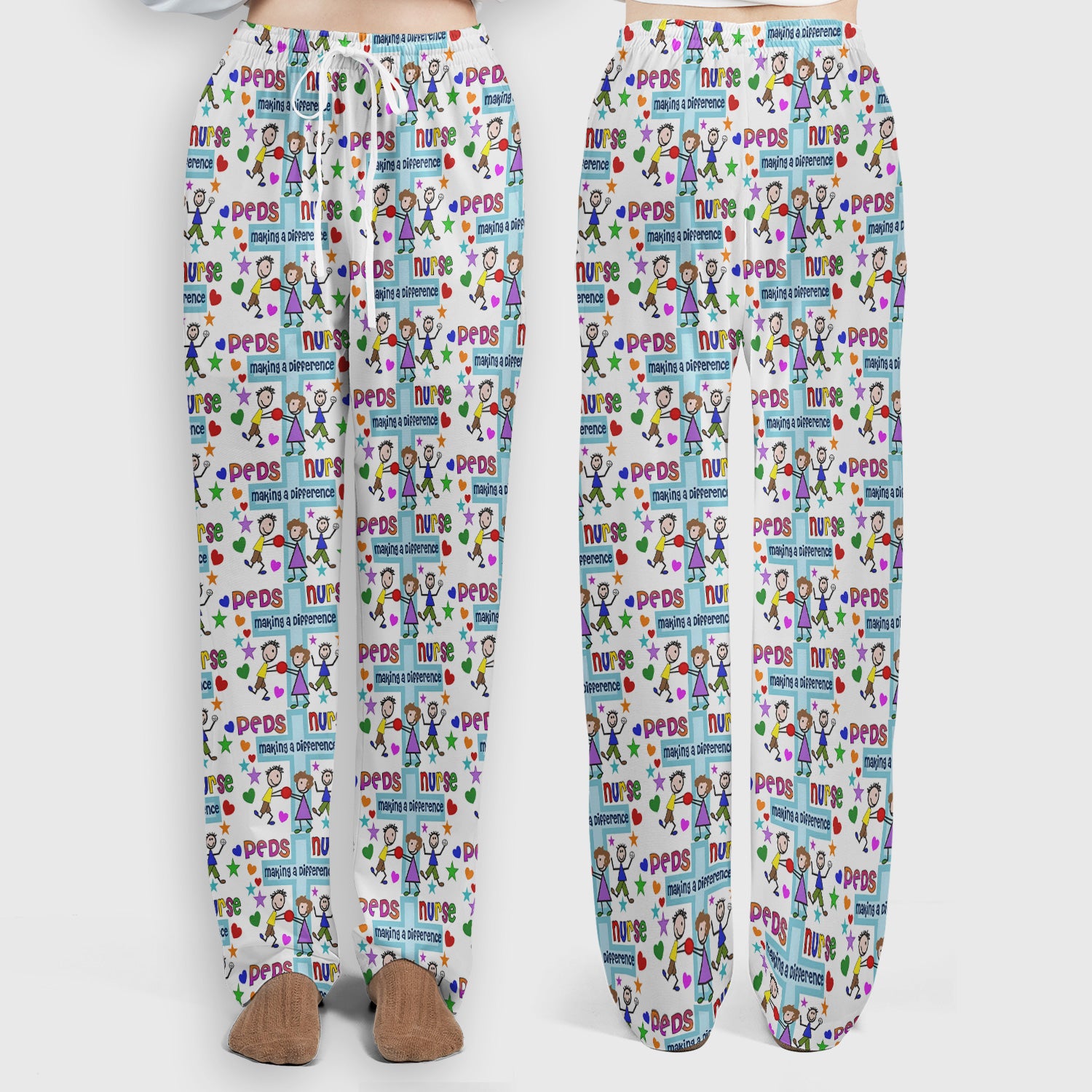 Peds Nurse Making A Difference Pattern Scrub Set, Scrub Pants and V Neck Top